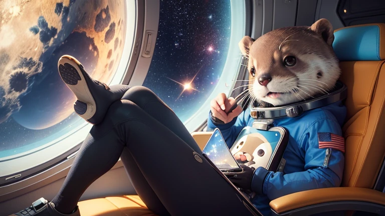 there is a cartoon otter in a space suit sitting in a window in Space, typing on his Macbook Pro, outer space, outerspace, outer space, anthropomorphic otter in costume, in outer space, cute otter, otter wearing a spacesuit, anthropomorphic furry otter, from outer space, dreaming of outer space, fantasy otter love, otter, cute otter sailor eat cake, beautiful galaxies and bright stars in the background
