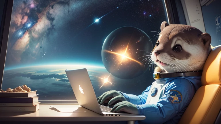 there is a cartoon otter in a space suit sitting in a window in Space, typing on his Macbook Pro, outer space, outerspace, outer space, anthropomorphic otter in costume, in outer space, cute otter, otter wearing a spacesuit, anthropomorphic furry otter, from outer space, dreaming of outer space, fantasy otter love, otter, cute otter sailor eat cake, beautiful galaxies and bright stars in the background