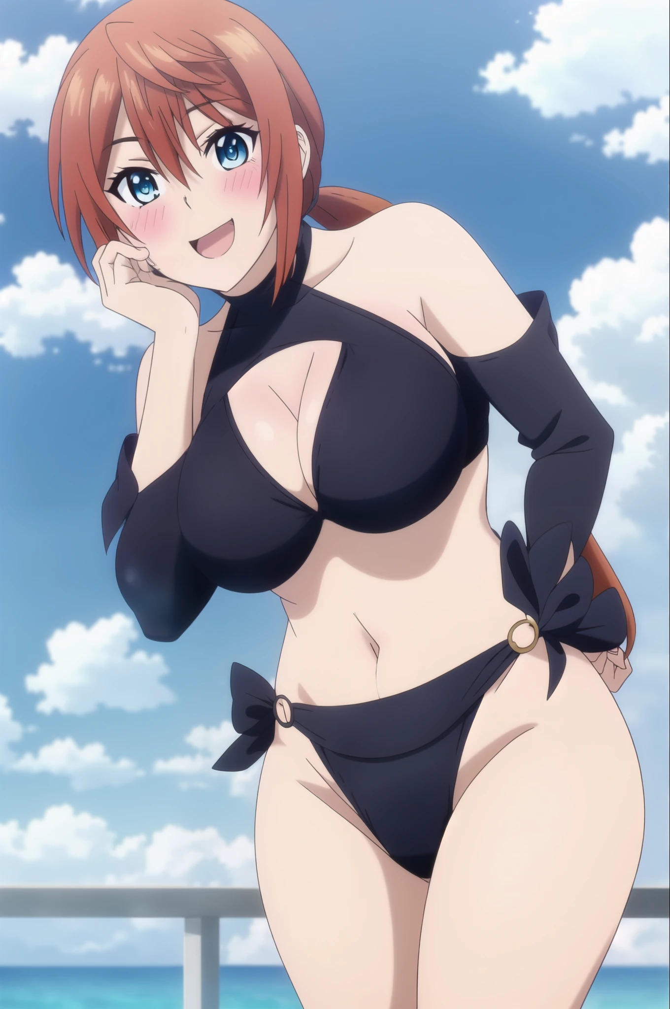 1girl, breasts, ((black swimsuit)), bikini, blue eyes, solo, large breasts, navel, blush, long hair, open mouth, cleavage, outdoors, sky, looking at viewer, clothing cutout, day, orange hair, smile, cloud, blue sky, hair between eyes, hand on own face, low ponytail, ponytail, cleavage cutout, black bikini, purple bikini, railing, red hair, bare shoulders