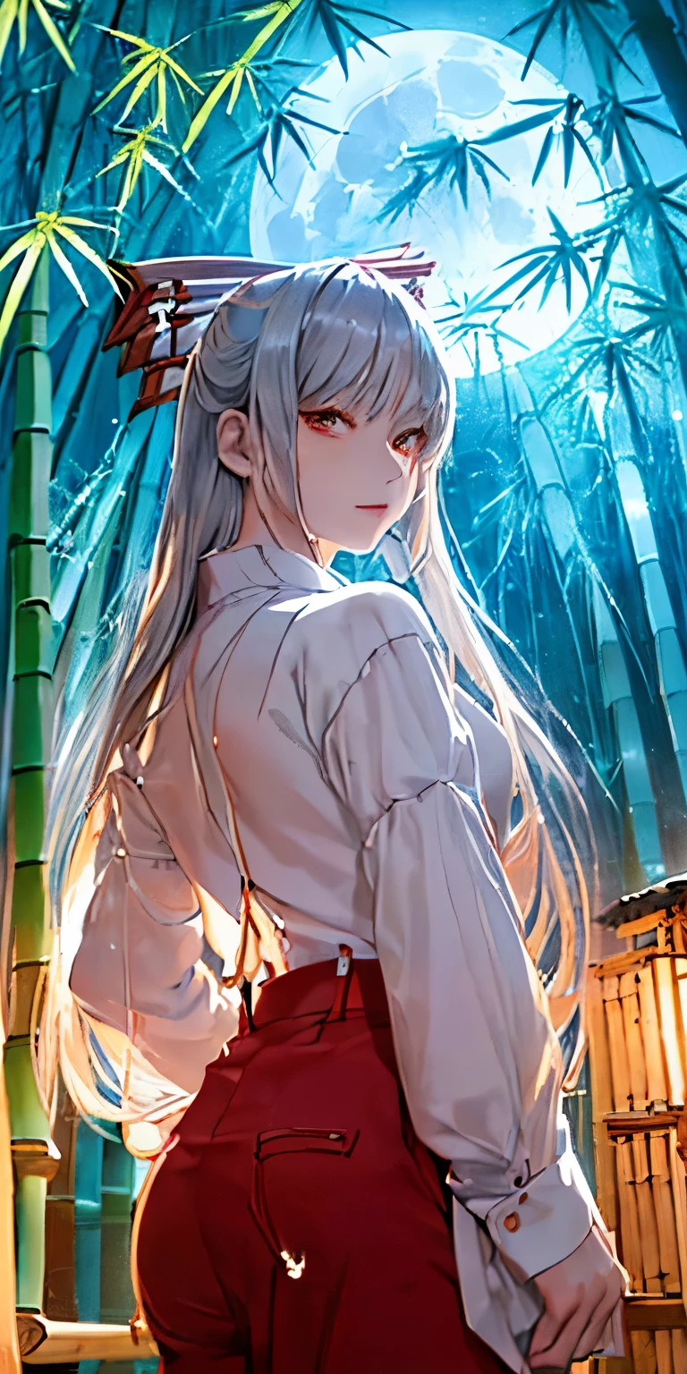 (masterpiece, best quality:1.3), (from below:1.3), Fujiwara no Mokou, Touhou Series, perfect face, expressive eyes, 1 girl, looking at viewer, 16 years old, beautiful, anime, lora, (silver hair, long hair, white shirt, red pants:1.3), (look evil:1.5), (cinematic lighting, realistic, dream-like, enchanting atmosphere:1.5), (an old japanese mansion with moonlight leaking, in bamboo forest, midnight, big full moon:1.3), 