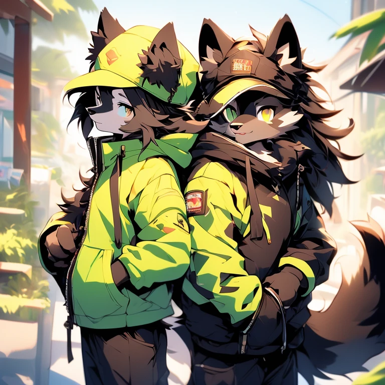 Duo (wolf boy) (wolf girl) (-yeld (fle black wolf child), (bright green eyes), ((black fur, extremely long black hair))) (11-year-o (brown f child), (bright gold eyes), ((brown fur, short messy brown hair))) ((wolf girl yellow dress, newsboy-cap)) ((wolf boy gray-green jacket, khaki pants, hood down)) Fluffy anthropomorphic wolf, Fluffy wolf nose, wolf tail, Body fur, (detailed eyes)