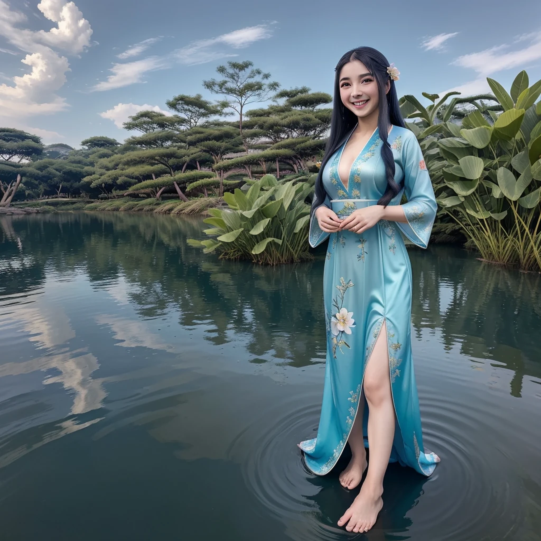 ((4k,masterpiece,best quality)), shuimobysim, Chinese painting, lotus, hanfu, maxiskit, dress open, swf 1girl, solo, long blue hair, smile, standing, feet in the water, barefoot,