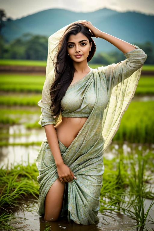 (best quality,realistic,highres:1.2), Aishwarya Rai with hijab lying on muddy paddy rice field,wet body soaked,wearing bra and mini skirt,huge breast,wet and dirty hijab,mesmerizing eyes,sincere smile,peaceful atmosphere,green and golden-tinged color palette,soft sunlight illuminating the scene,vibrant green paddy rice,reflective water puddles around the woman,cloudy sky in the background,muddy texture on the ground,detailed expression of the woman's face and body,subtle wind blowing on the hijab and skirt,graceful pose of the woman,calmness and tranquility in her gaze,harmony with nature,majestic presence of the woman amidst the rural landscape,subtle hint of the woman's confident personality,serene and inviting ambiance.