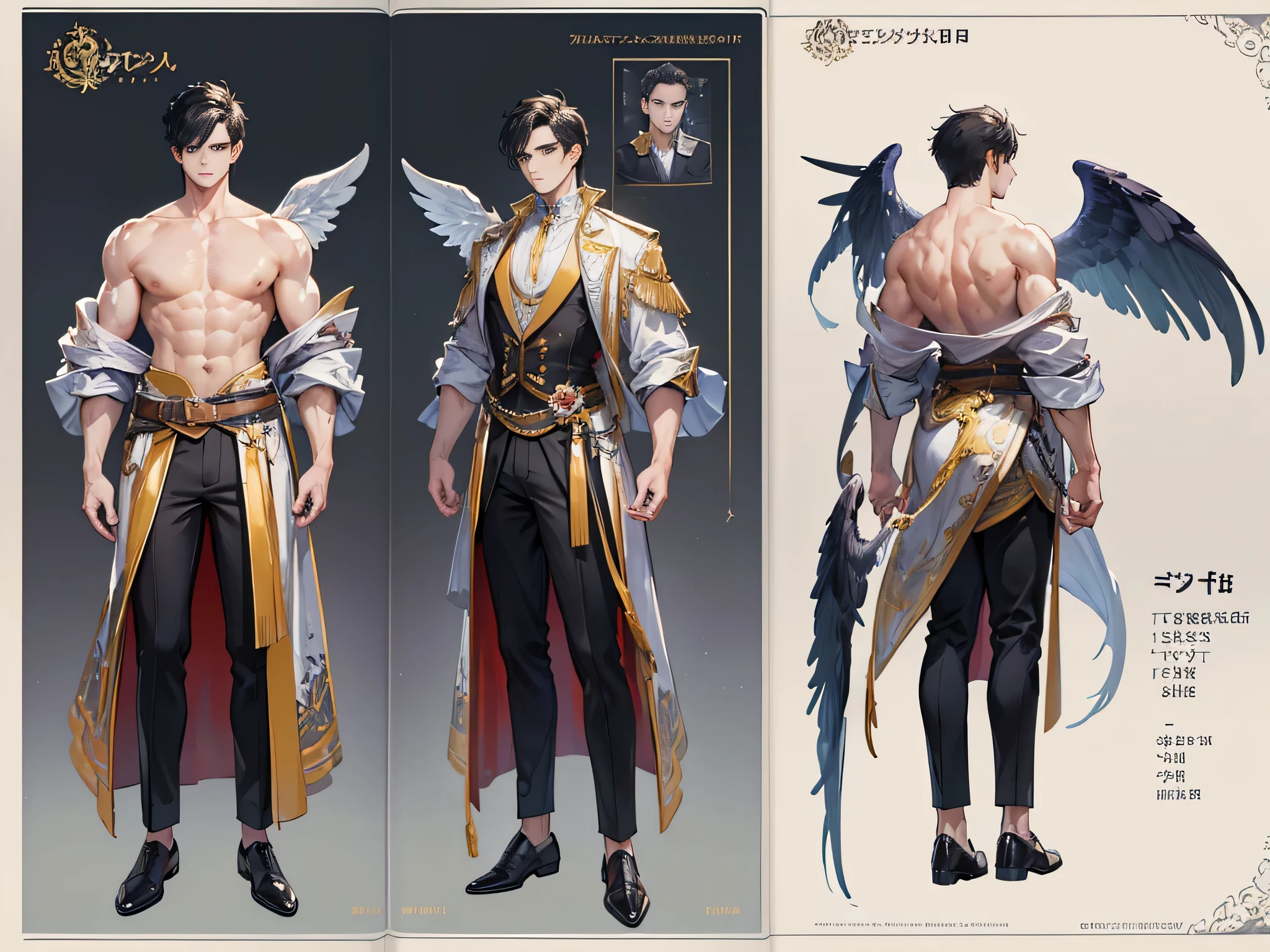 ((Masterpiece, Highest quality)), Male, boy, Detailed face, character design sheet， full bodyesbian, Full of details, frontal body view, back body view, Highly detailed, Depth, Many parts, angel wings, angel outfit, Muscle boy with black hair，handsome man, male angel , man tall, 