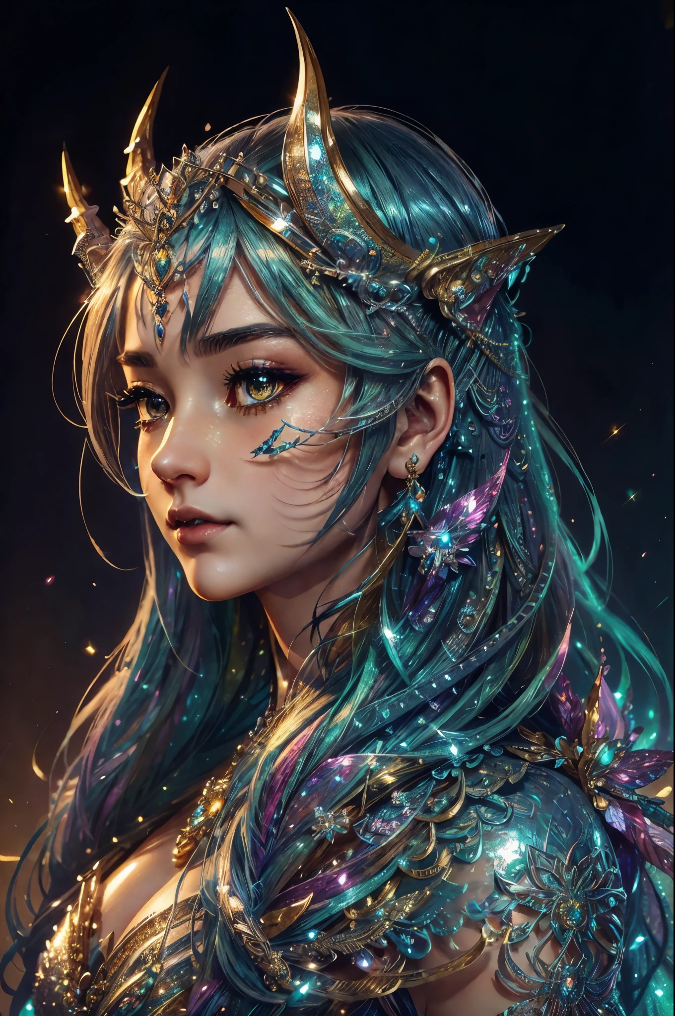 This is a highly detailed and semi-realistic fantasy art image with beautiful layers of shimmer, glimmering silks, and a glittering aesthetic. Create a beautiful and bold dragon woman. The woman resembles (((an elegant queen))). She should have intricate and elegant horns, detailed and multi-colored scales, and a striking face. Her eyes are highly detailed with natural shading and realistic details. Include small and ornate details like smaller dragons and bright feathers. Use creamy hues with unexpected pops of bright color. Use compelling composition techniques and dynamic facial expressions to create a cinematic and unforgettable atmosphere. (((masterpiece))), (((best quality))), ((ultra-detailed)), (highly detailed CG illustration)
