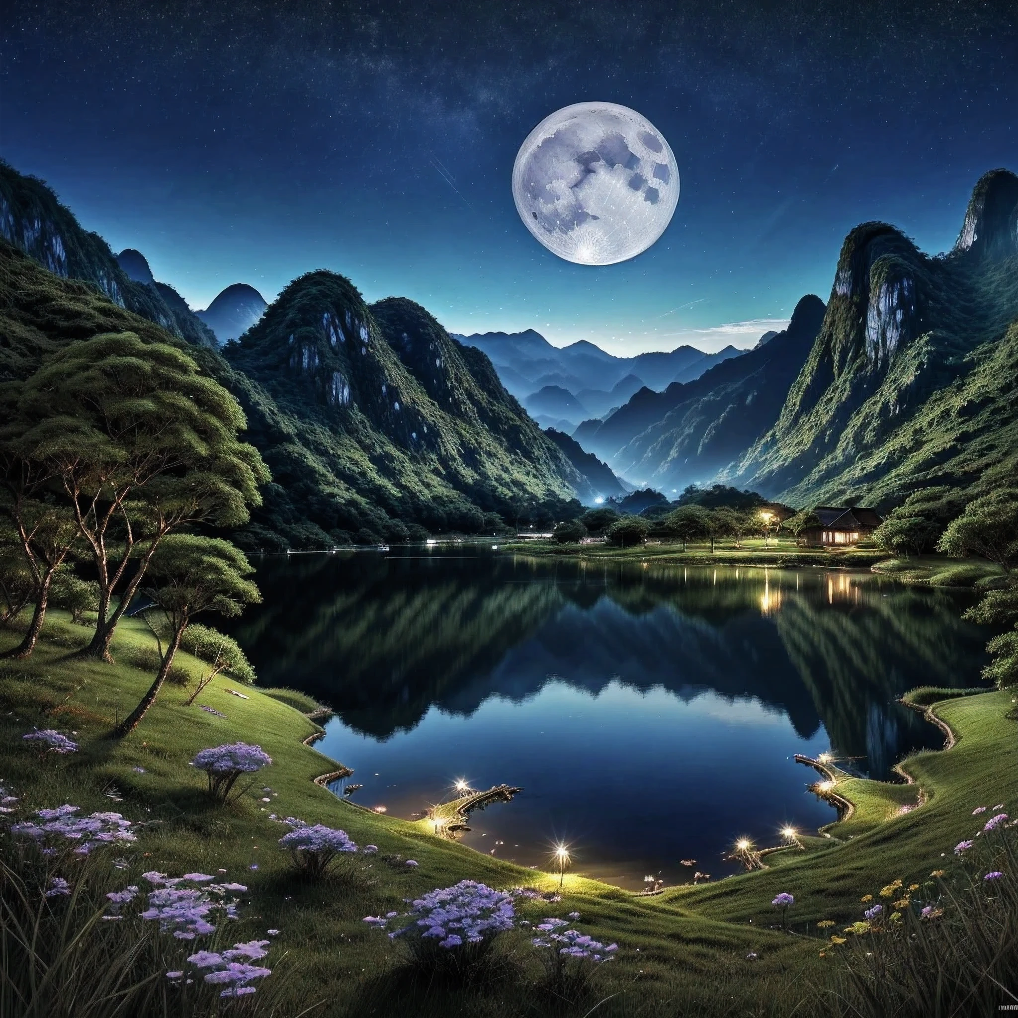 night scene with some house asian, vietnam, viet nam, ha giang, moon, lake in the foreground, calm night, green and blue, digital illustration, 4k highly detailed digital art, night scenery, anime art wallpaper 4k, anime art wallpaper 4 k, 4k detailed digital art, nighttime nature landscape, anime art wallpaper 8 k, background artwork, beautiful art uhd 4 k, 4 k hd illustrative wallpaper