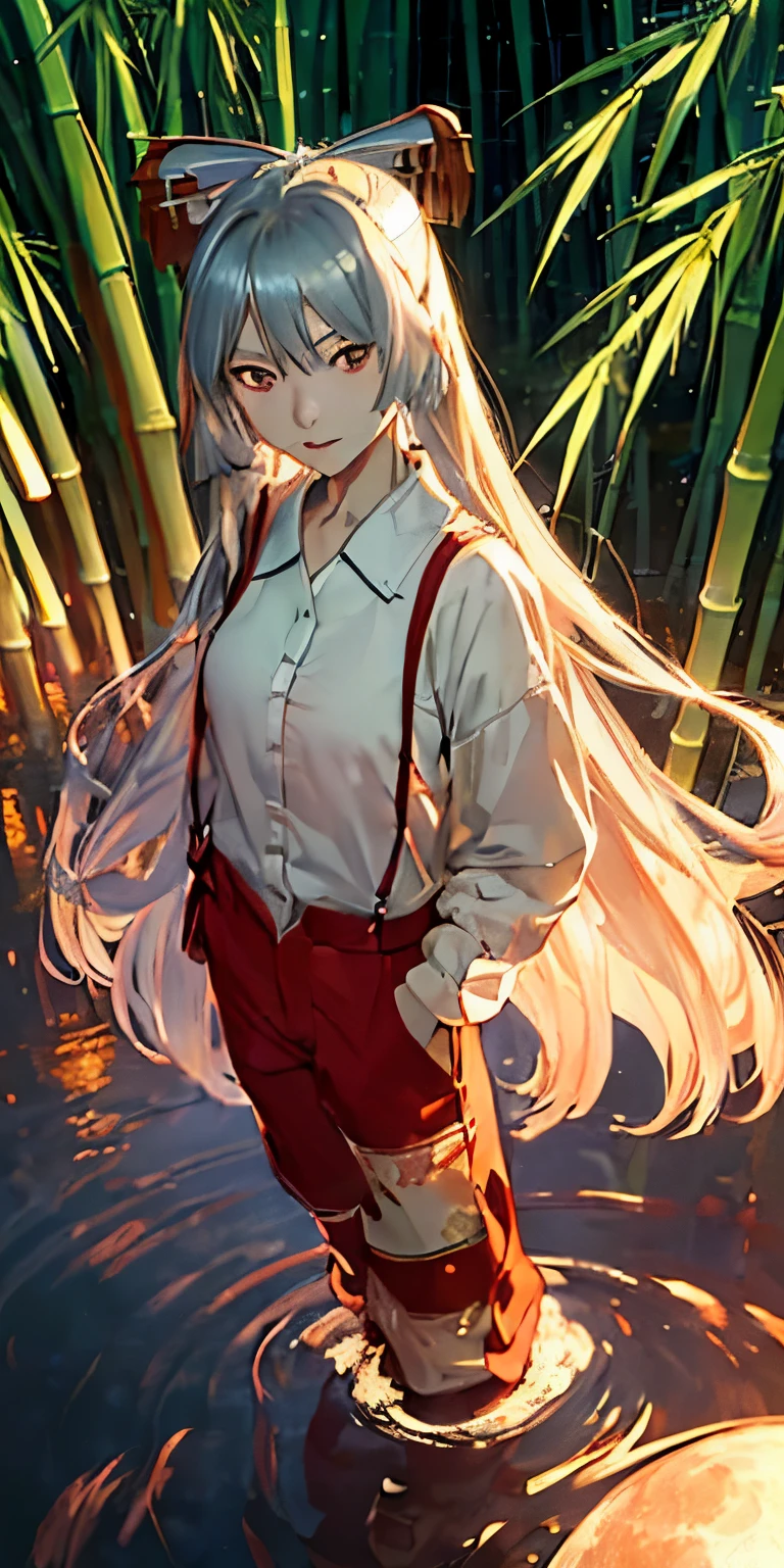 (masterpiece, best quality:1.3), (from above:1.3), Fujiwara no Mokou, Touhou Series, perfect face, expressive eyes, 1 girl, looking at viewer, , beautiful, anime, lora, (silver hair, long hair, white shirt, red pants:1.3), (look evil:1.5), (cinematic lighting, realistic, dream-like, enchanting atmosphere:1.5), (an old japanese mansion with moonlight leaking, in bamboo forest, midnight, big full moon:1.3), 