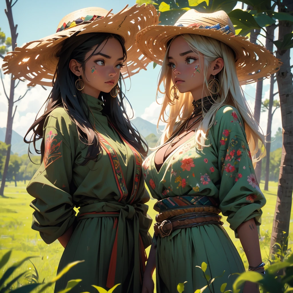 (best quality,4k,8k,highres,masterpiece:1.2),ultra-detailed,(realistic,photorealistic,photo-realistic:1.37),portrait of beautiful native tribal women in muddy primitive farm:1.2,(primitive straw broad rim hat, colorful tribal belt, unclad, some tribal tattooing and body paint, confidence, big natural breast), (vivid colors, outdoors, green pastures).