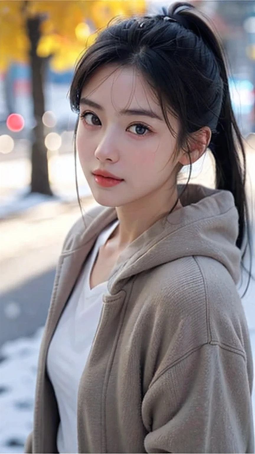One woman,fully body photo,masutepiece, The highest image quality, High quality, the background is clear,Beautiful woman, Japanese, Detailed, Detailed eyes, Detailed skin, Beautiful skin, 超hight resolution, (reality: 1.4),Very beautiful woman, Slightly younger face, Beautiful skin, slender, (Ultra photo realsisim), (hight resolution), (8K), (Very detailed) (beautifully detailed eyes), (super detailed), (Detailed face), view the viewer, Fine details, Detailed face, Staring straight ahead, Staring straight ahead, photos realistic, Bright lighting, Professional Lighting, Black hair,poneyTail,a baby face,sixteen years old,Hairstyle is ponytail,long ponytail hairstyle,slight smile,neat and tidy clothing,European Streets,winter Clothing,snowing,