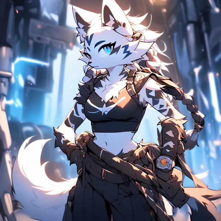 Solo, sfw, Young Female white fox-cat (((lean-body))) (((medium breasts))) (short snout),(((fur (black stripe) between neck and shoulder towards chest))) ((fur (black stripes) on waist))(ears are darker), (heterochromia (orange, violet)), (cat tail (black at end)), (white hair (single-braided)), (fantasy adventure type clothing ((violet shirt (crop top) (dark fur strips on waist)), golden-brown cloak, (navy-blue belt) skirt and pants)), happy ((looking at viewer)) ((Female wolf)) (detailed eyes) (clevedge, (collarbone, shoulders), (solo, (1girl)) ((((fluffy white fur)))) ((extremely detailed fur)) (violet crop top)