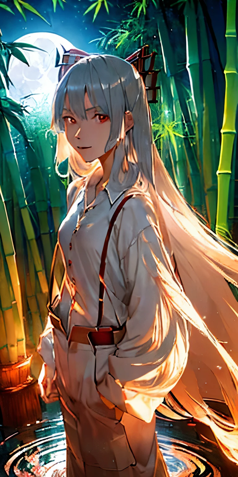 (masterpiece, best quality:1.3), (from above:1.3), Fujiwara no Mokou, Touhou Series, perfect face, expressive eyes, 1 girl, looking at viewer, 16 years old, beautiful, anime, lora, (silver hair, long hair, white shirt, red pants:1.3), (look evil:1.5), (cinematic lighting, realistic, dream-like, enchanting atmosphere:1.5), (an old japanese mansion with moonlight leaking, in bamboo forest, midnight, big full moon:1.3), 