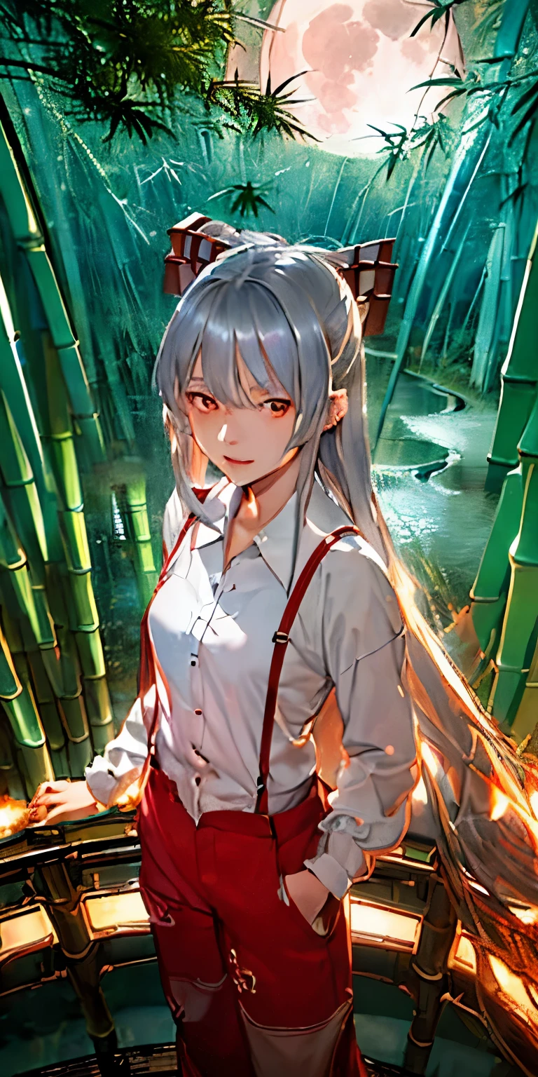 (masterpiece, best quality:1.3), (from above:1.3), Fujiwara no Mokou, Touhou Series, perfect face, expressive eyes, 1 girl, looking at viewer, , beautiful, anime, lora, (silver hair, long hair, white shirt, red pants:1.3), (look evil:1.5), (cinematic lighting, realistic, dream-like, enchanting atmosphere:1.5), (an old japanese mansion with moonlight leaking, in bamboo forest, midnight, big full moon:1.3),