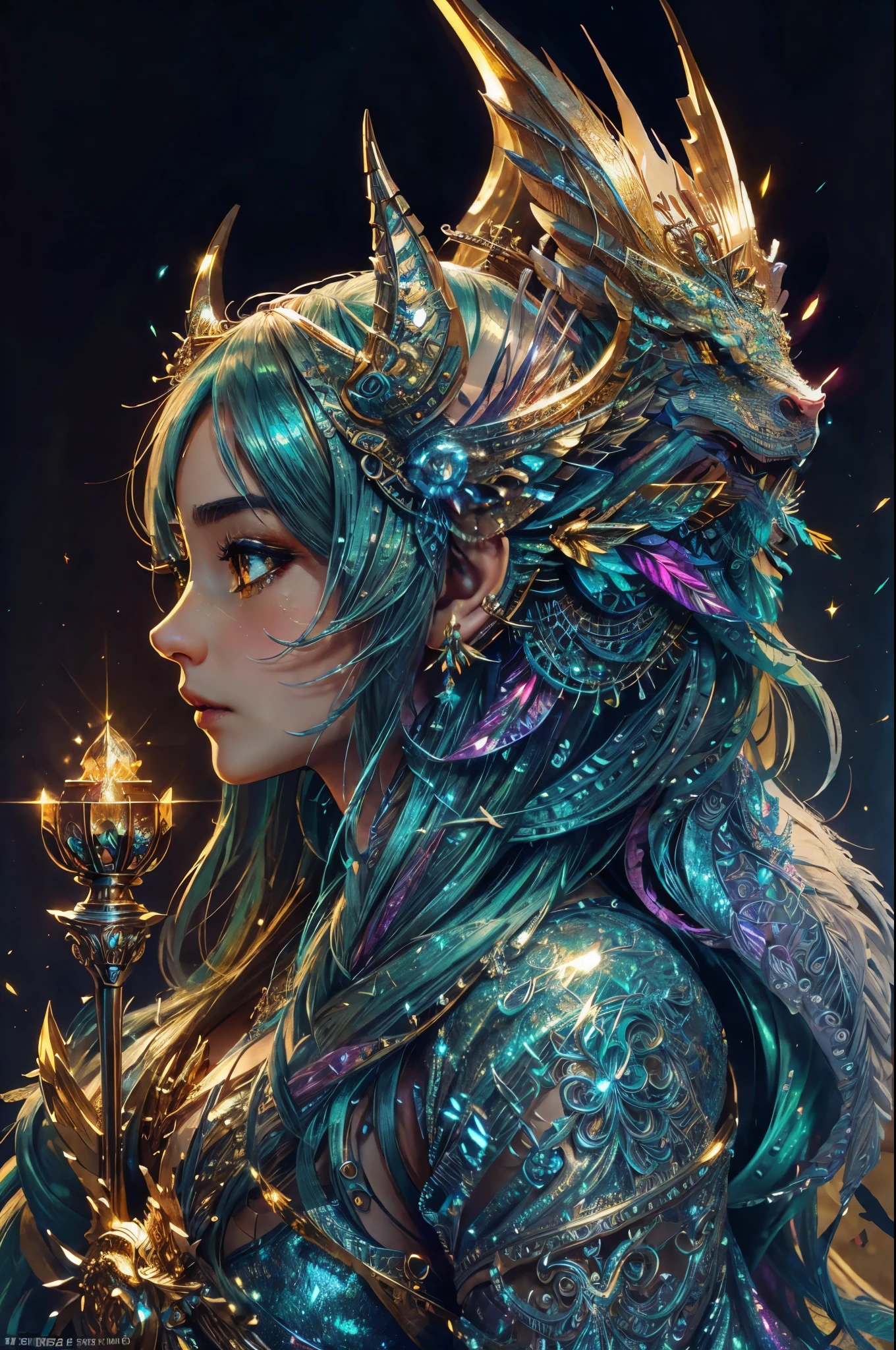 This is a highly detailed and semi-realistic fantasy art image with beautiful layers of shimmer, glimmering silks, and a glittering aesthetic. Create a beautiful and bold dragon woman. The woman resembles (((an elegant queen))). She should have intricate and elegant horns, detailed and multi-colored scales, and a striking face. Her eyes are highly detailed with natural shading and realistic details. Include small and ornate details like smaller dragons and bright feathers. Use creamy hues with unexpected pops of bright color. Use compelling composition techniques and dynamic facial expressions to create a cinematic and unforgettable atmosphere. (((masterpiece))), (((best quality))), ((ultra-detailed)), (highly detailed CG illustration)
