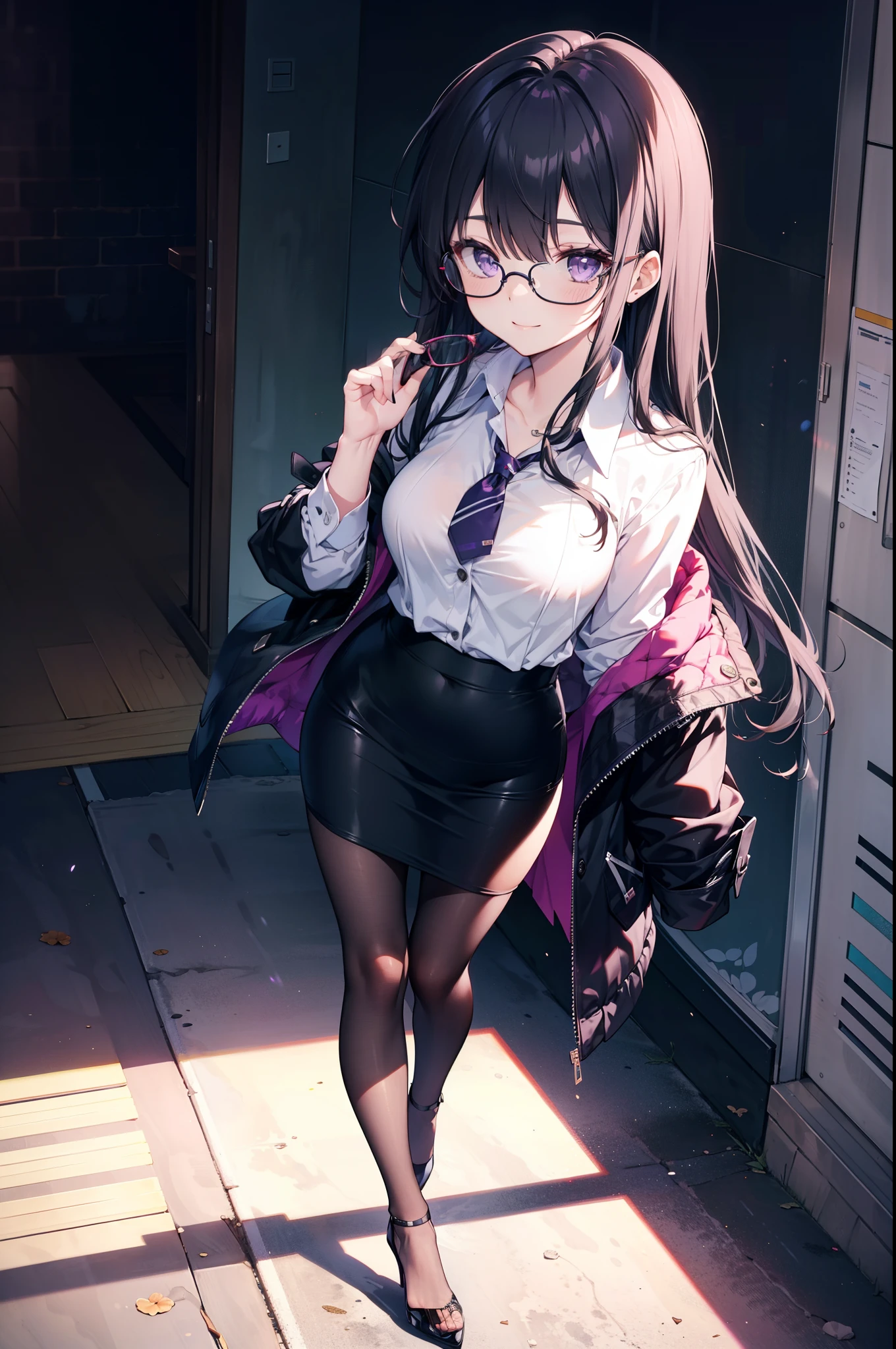Takiuchi, Inoue Check, Long Hair, bangs, Black Hair, (Purple eyes:1.2),smile,
OL, Akagi Glasses, Black suit jacket, Collared jacket, White dress shirt, Collared shirt, Neckline, button, Black pencil skirt, Black Pantyhose,Stiletto heels,The sun is rising,It&#39;s as if your whole body is in the illustration.., break outdoors,city,area,シティストリート break looking at viewer, (Cowboy Shot:1.5), break (masterpiece:1.2), highest quality, High resolution, unity 8k wallpaper, (shape:0.8), (Beautiful details:1.6), Highly detailed face, Perfect lighting, Extremely detailed CG, (Perfect hands, Perfect Anatomy),