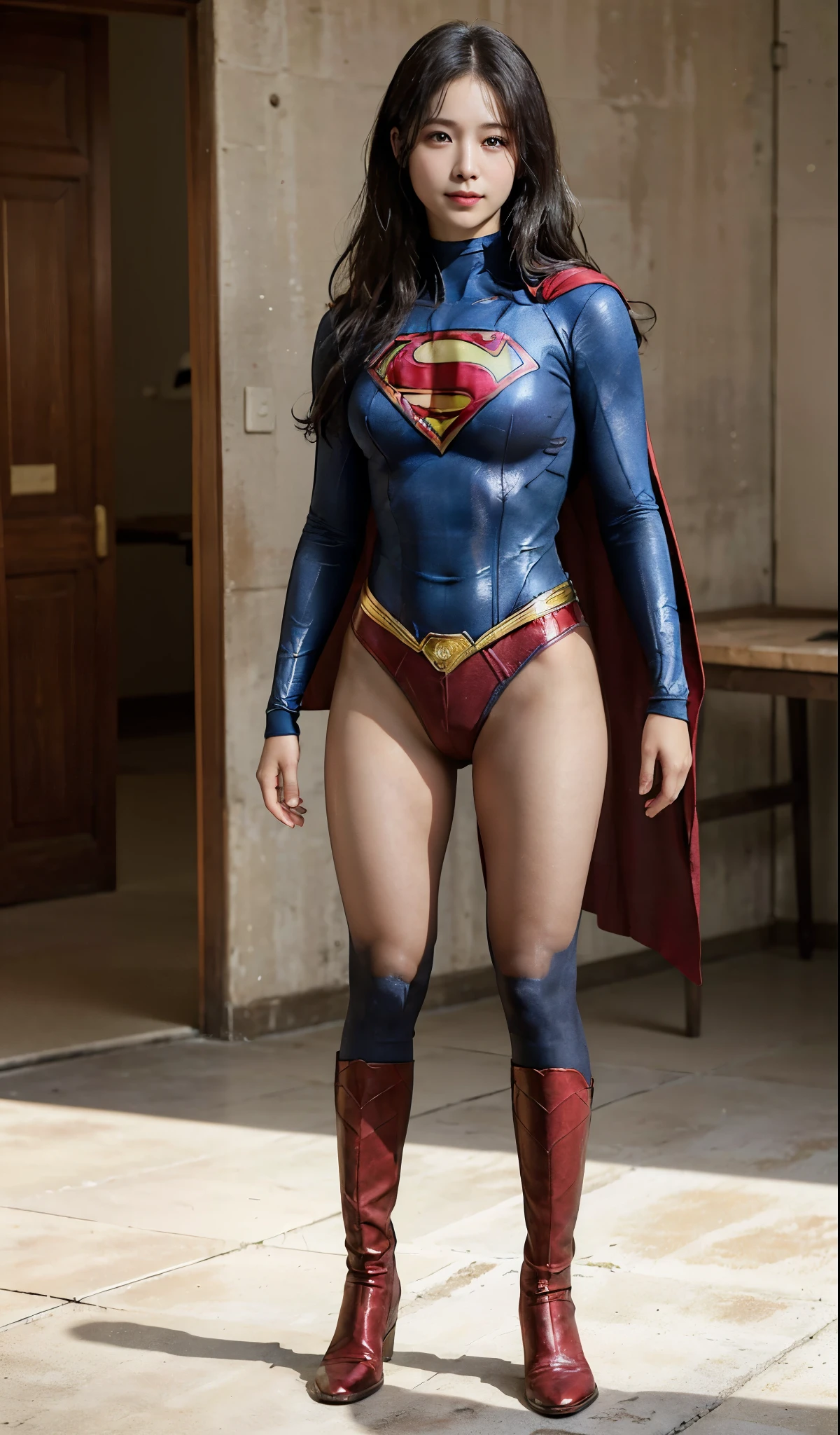 No background、(((Beautiful legs in black tights.)))、(((Legally express the beauty of your smile)))、((((Make the most of your original images)))、(((Supergirl Costume)))、(((Beautiful Hair)))、(((suffering)))、(((Please wear black tights....、Wear red boots)))、((Best image quality、8K))、((highest quality、8K、masterpiece:1.3))、(((Preserve background )))、Sharp focus:1.2、Beautiful woman with perfect figure:1.4、Thin abdominal muscles:1.2、Wet body:1.5、Highly detailed face and skin texture、8K