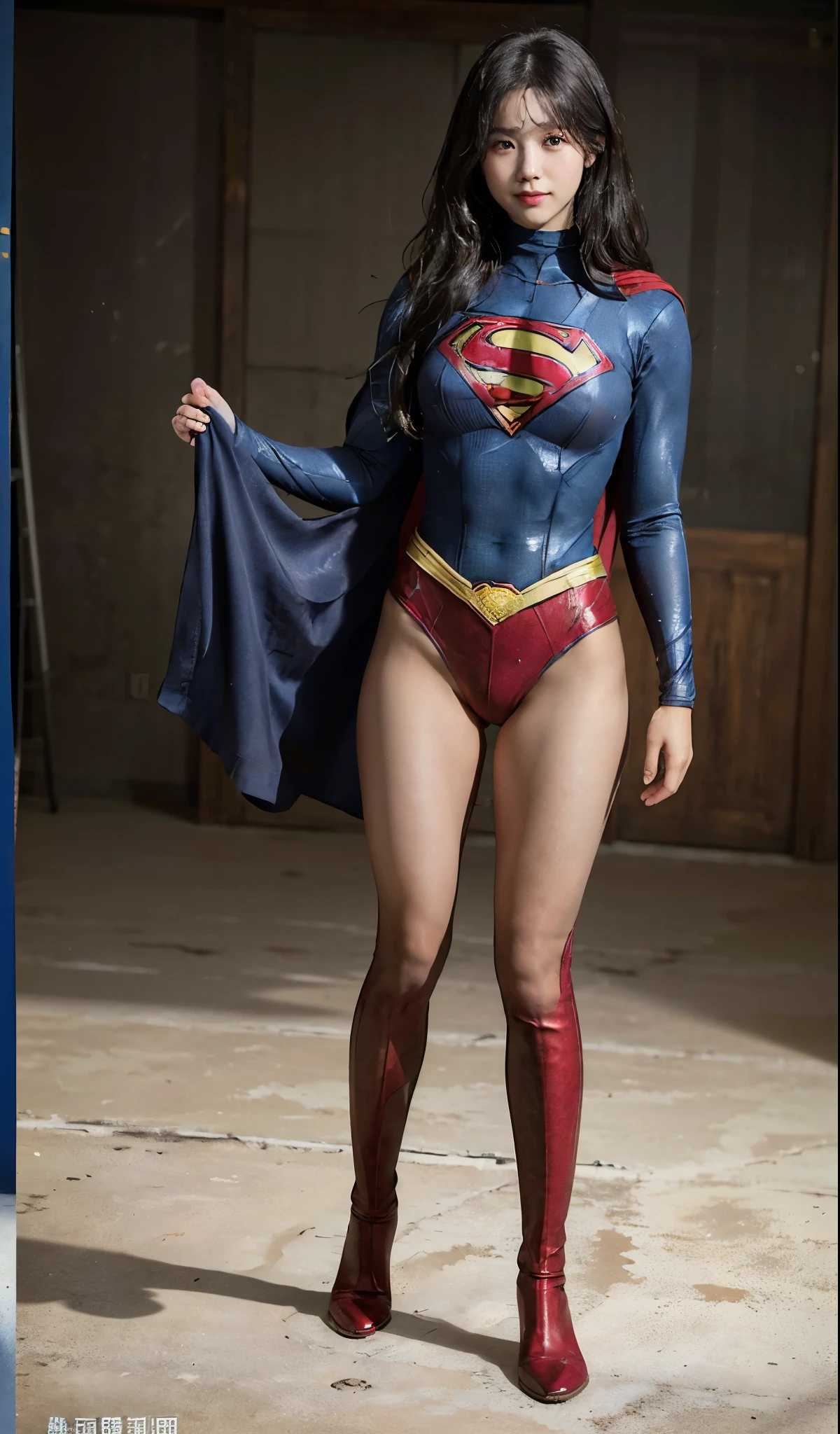 No background、(((Beautiful legs in black tights.)))、(((Legally express the beauty of your smile)))、((((Make the most of your original images)))、(((Supergirl Costume)))、(((Beautiful Hair)))、(((suffering)))、(((Please wear black tights....、Wear red boots)))、((Best image quality、8K))、((highest quality、8K、masterpiece:1.3))、(((Preserve background )))、Sharp focus:1.2、Beautiful woman with perfect figure:1.4、Thin abdominal muscles:1.2、Wet body:1.5、Highly detailed face and skin texture、8K