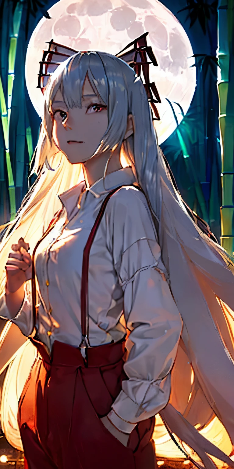 (masterpiece, best quality:1.3), (upper body:1.3), Fujiwara no Mokou, Touhou Series, perfect face, expressive eyes, 1 girl, looking at viewer, , beautiful, anime, lora, (silver hair, long hair, white shirt, red pants:1.3), (look evil:1.5), (cinematic lighting, realistic, dream-like, enchanting atmosphere:1.5), (an old japanese mansion with moonlight leaking, in bamboo forest, midnight, big full moon:1.3),