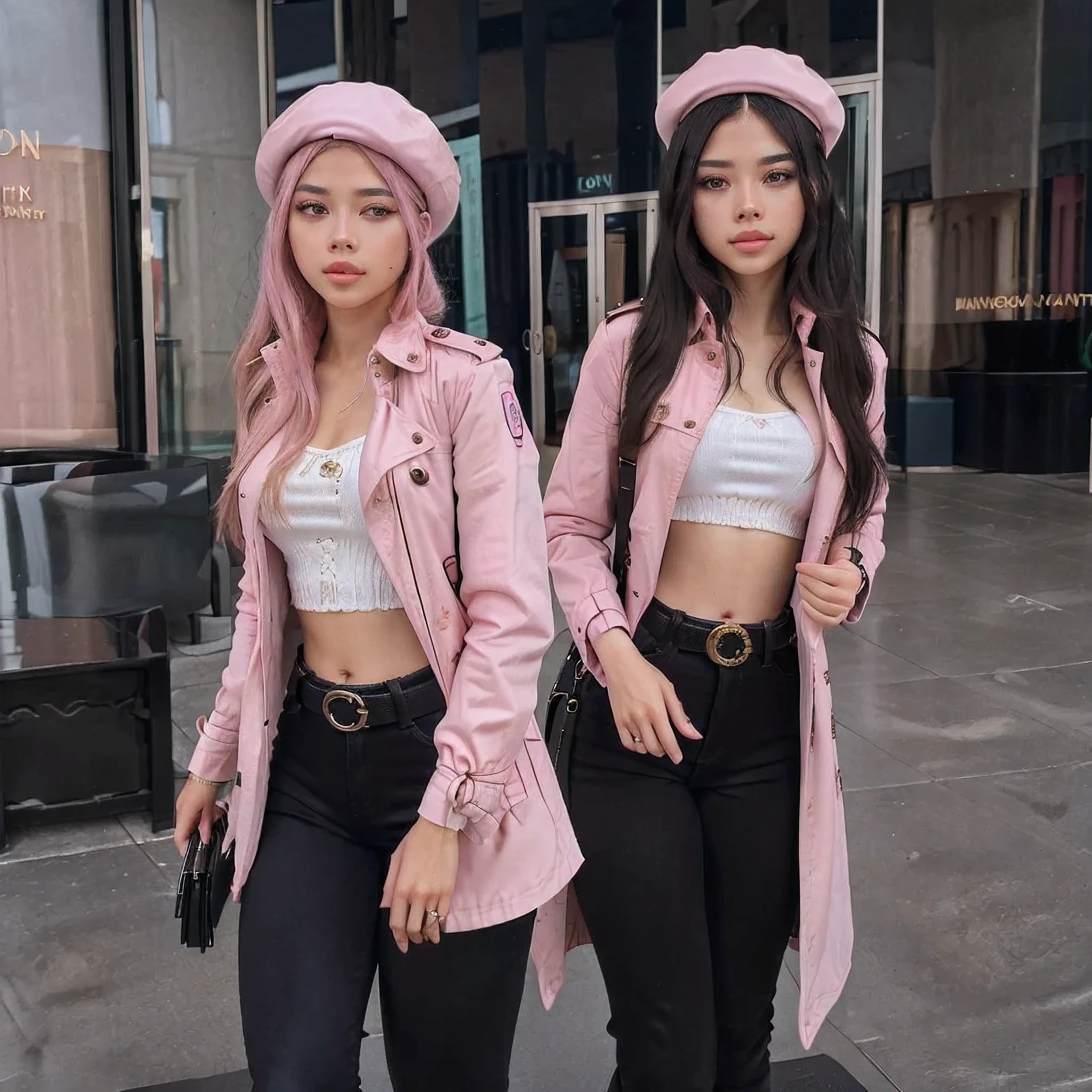 4k, realistic, high detailed, super eyes detailed, fashion clothes, pink trenchcoat, french beret, black pants with belt, long hair, in the city, pink hair, purple eyes, yae miko, wearing trendy sunglasses,