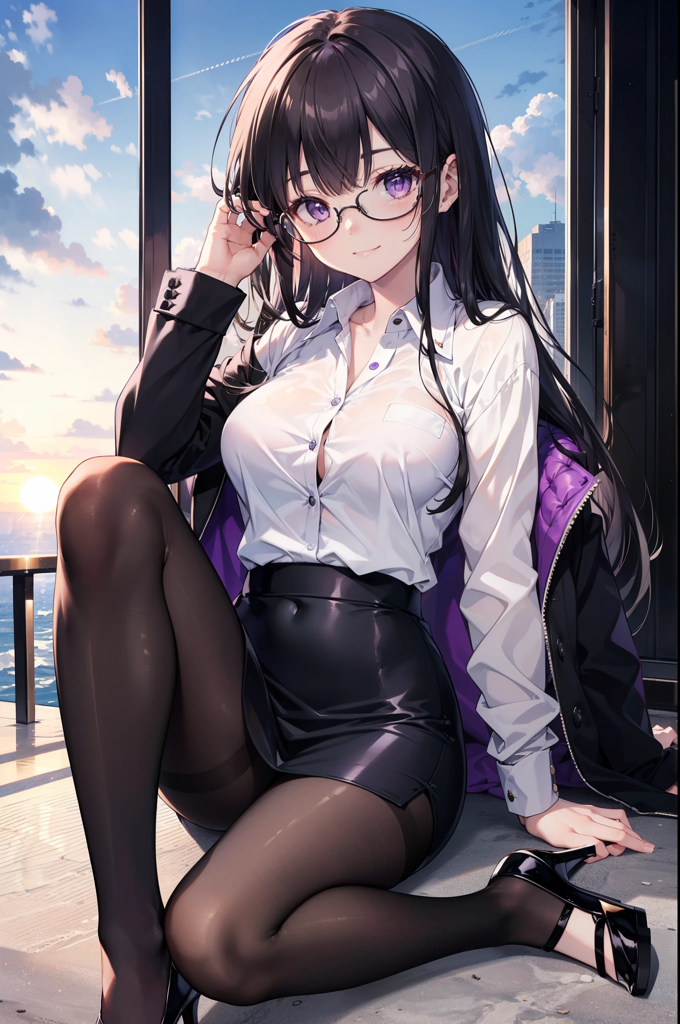 Takiuchi, Inoue Check, Long Hair, bangs, Black Hair, (Purple eyes:1.2),smile,
OL, Akagi Glasses, Black suit jacket, Collared jacket, White dress shirt, Collared shirt, Neckline, button, Black pencil skirt, Black Pantyhose,Stiletto heels,The sun is rising,It&#39;s as if your whole body is in the illustration.., break outdoors,city,area,シティストリート break looking at viewer, (Cowboy Shot:1.5), break (masterpiece:1.2), highest quality, High resolution, unity 8k wallpaper, (shape:0.8), (Beautiful details:1.6), Highly detailed face, Perfect lighting, Extremely detailed CG, (Perfect hands, Perfect Anatomy),