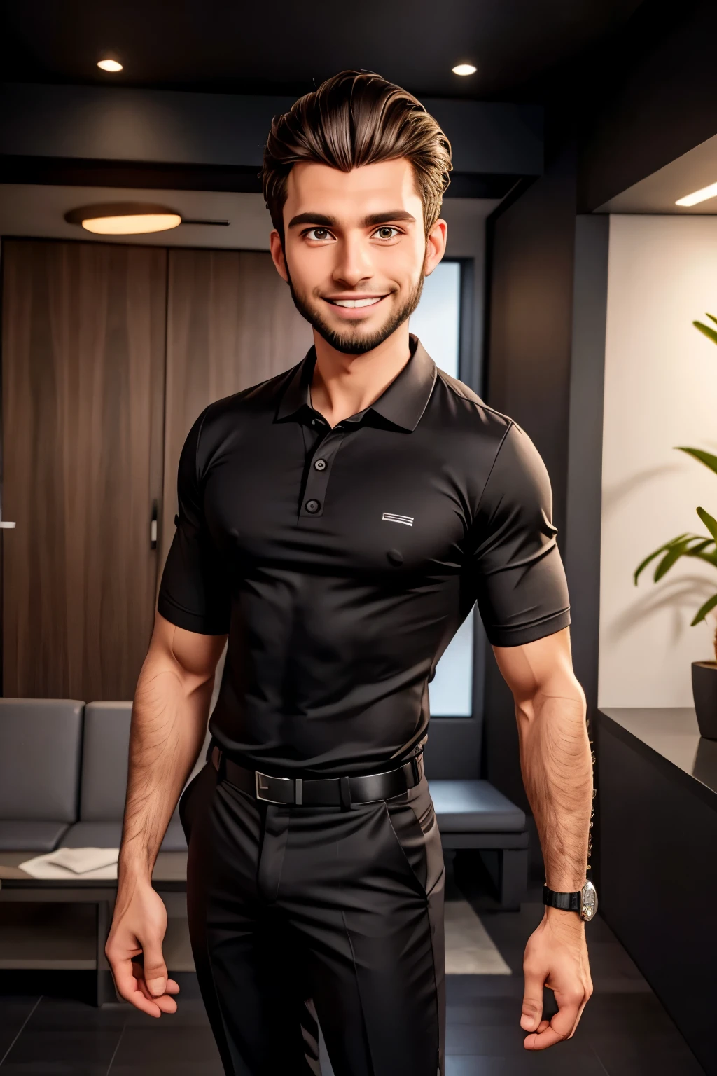 Cartoon in black suit and pants, left arms below, right arm extended,  cabelo penteado, olhando para frente e sorrindo com os dentes aparecendo; camisa polo preta com o nome escrita "DavShoop" and make an invitation without funds 
