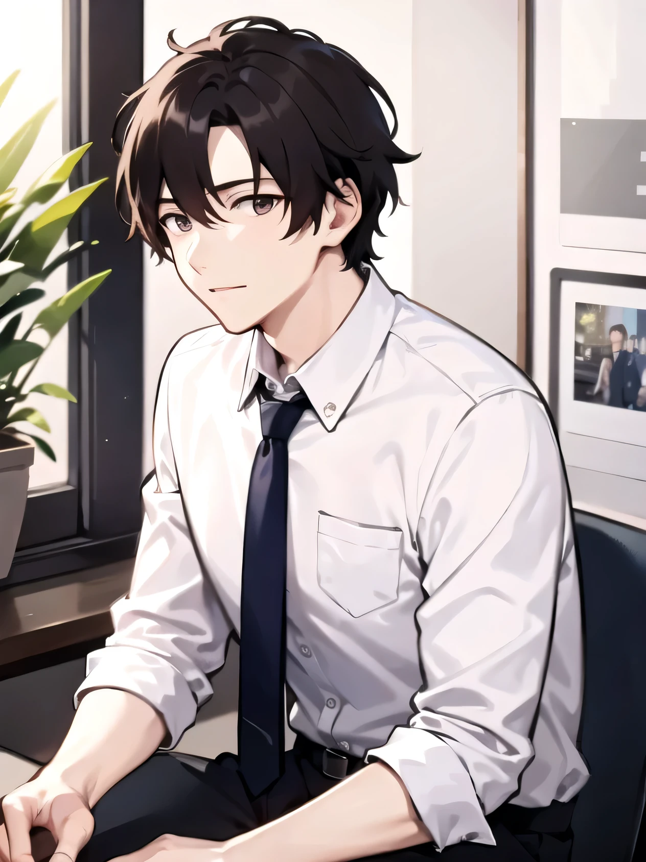 Side angle, masterpiece、high quality、A 33-year-old man with light brown hair and brown eyes、Wear high 、White shirt、Dark navy blue tie、A teasing laugh、Sitting、Stay in the office、Bold composition