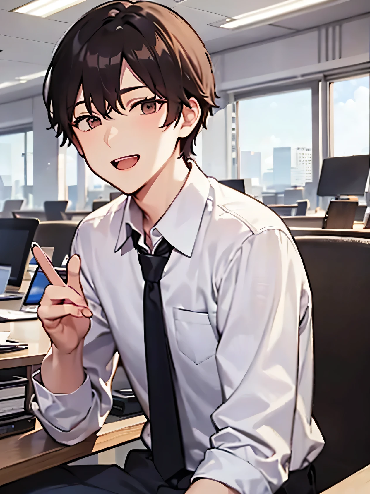 Side angle, masterpiece、high quality、A 33-year-old man with light brown hair and brown eyes、Wear high 、White shirt、Brown tie、A teasing laugh、Sitting、In the office pointing、Bold composition