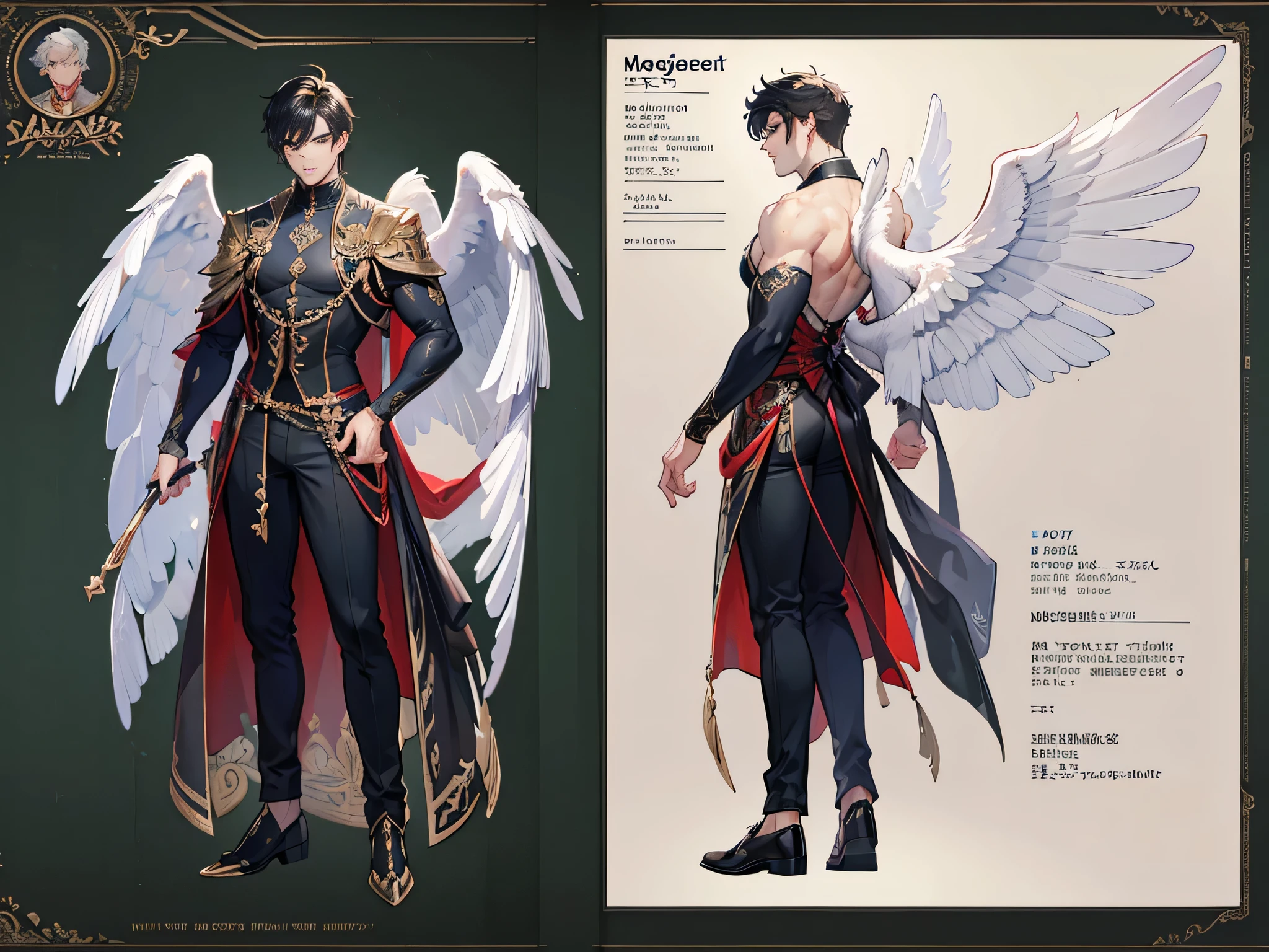 ((Masterpiece, Highest quality)), Male, boy, Detailed face, character design sheet, full bodyesbian, Full of details, frontal body view, back body view, Highly detailed, Depth, Many parts, angel wings, angel outfit, Muscle boy with black hair,handsome man, male angel , man tall,