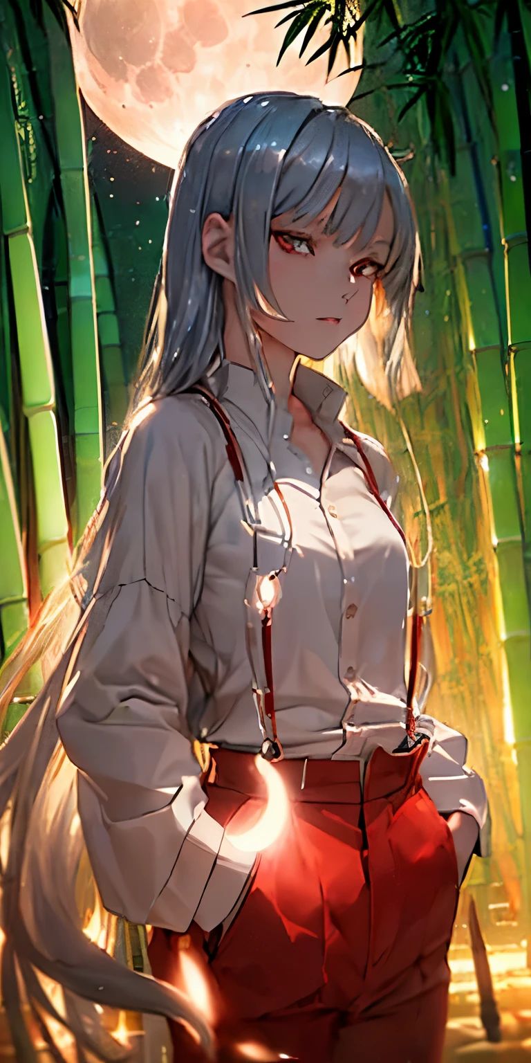 (masterpiece, best quality:1.3), (upper body:1.3), Fujiwara no Mokou, Touhou Series, perfect face, expressive eyes, 1 girl, looking at viewer, 16 years old, beautiful, anime, lora, (silver hair, long hair, white shirt, red pants:1.3), (look evil:1.5), (cinematic lighting, realistic, dream-like, enchanting atmosphere:1.5), (an old japanese mansion with moonlight leaking, in bamboo forest, midnight, big full moon:1.3), 