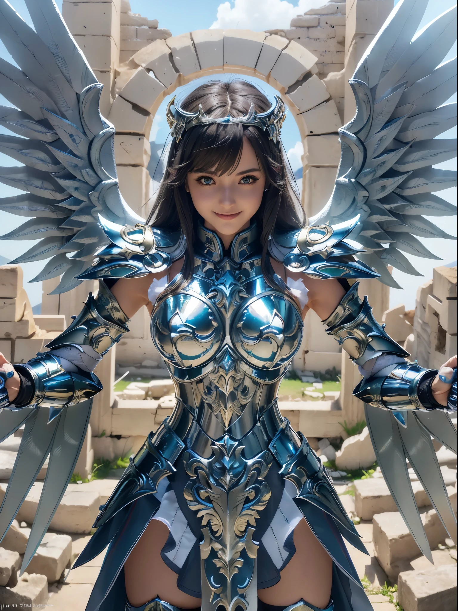 design, interrior, interriordesign saint_cloth, divine_armor
Masterpiece, best quality, (highly detailed raw photo:1.2), 8k render in octane, volumetric lighting, volumetric shadows  a portrait of a woman, (armor reflexions:1.2), smiling, wings
((realistic highly detailed greece ruins background))