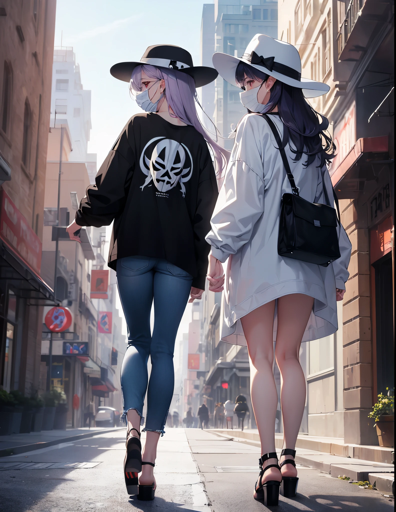 Realistic,highest quality, Super detailed, High-quality CG rendering, The most delicate and beautiful, Floating softly, High resolution, (1 girl), (highest quality,4K,8k,masterpiece:1.2), Light purple hair,Long Hair,Red eyes,(white oversized long sleeve t-shirt:1.3),White skinny jeans,(White Hat:1.3),In the city,old buildings,(Black Mask:1.4),(whole body:1.3),(Turn your back to your audience:1.3),teeth,(Sandals:1.2)