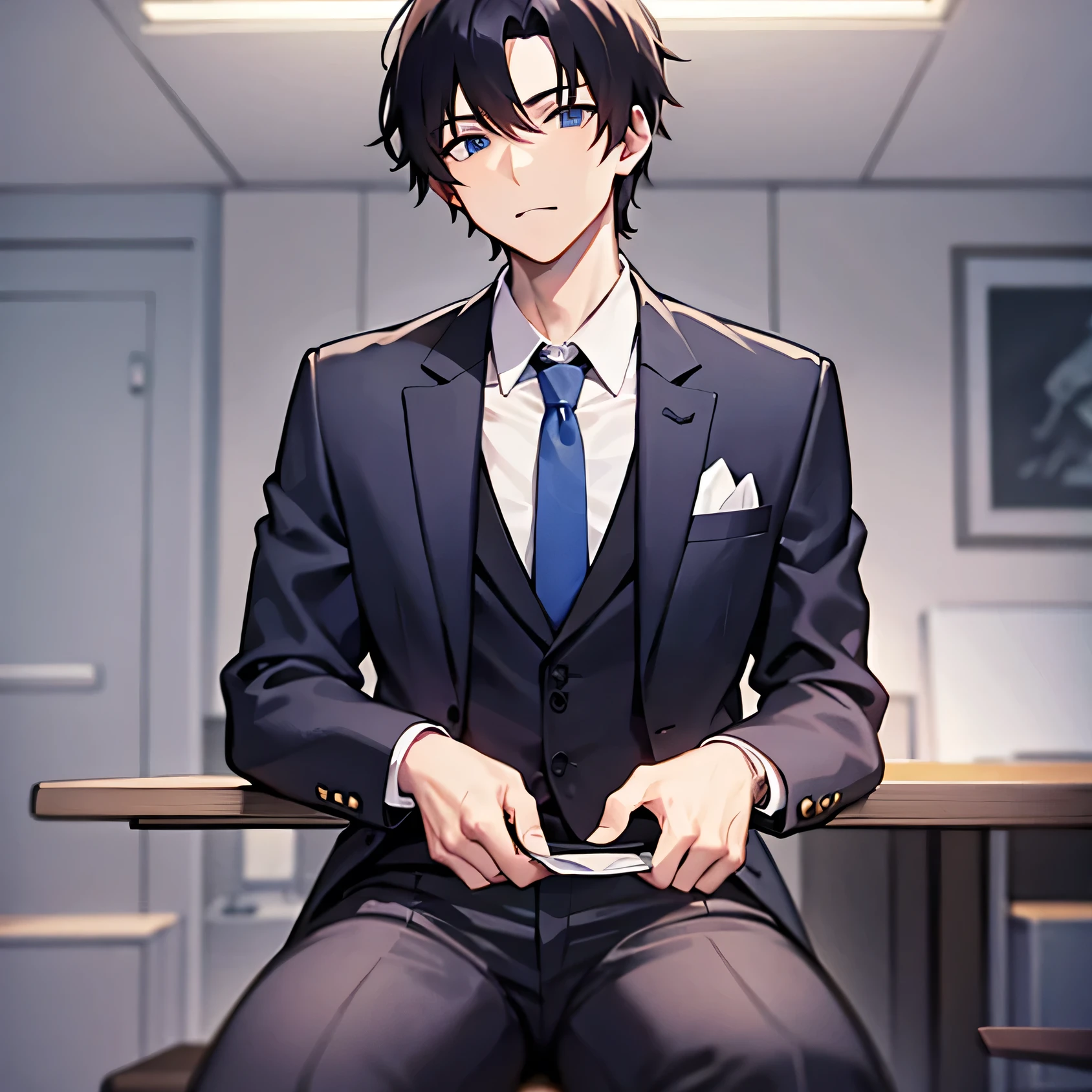 masterpiece、highest quality、(25-year-old male:1.5) and (Black short hair) and (blue eyes), (Wearing a suit:1.5) and (White collared shirt) and (Blue tie)、Sitting、Disgusted face、The background is the office、(Alone:1.5)