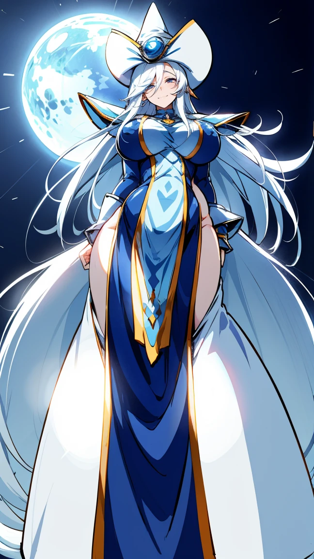 Silent magician, ropa apretada, poca piel visible, (( ruborizada, sonrisa)), pelo largo, cabello blanco, (( white hair)), sombrero blanco, Skinny body, chubby girl, gigantic sagging breast , monstruo de duelo, Iparuputsua, de pie en la entrada de un castillo, magic world background, mundo medieval .