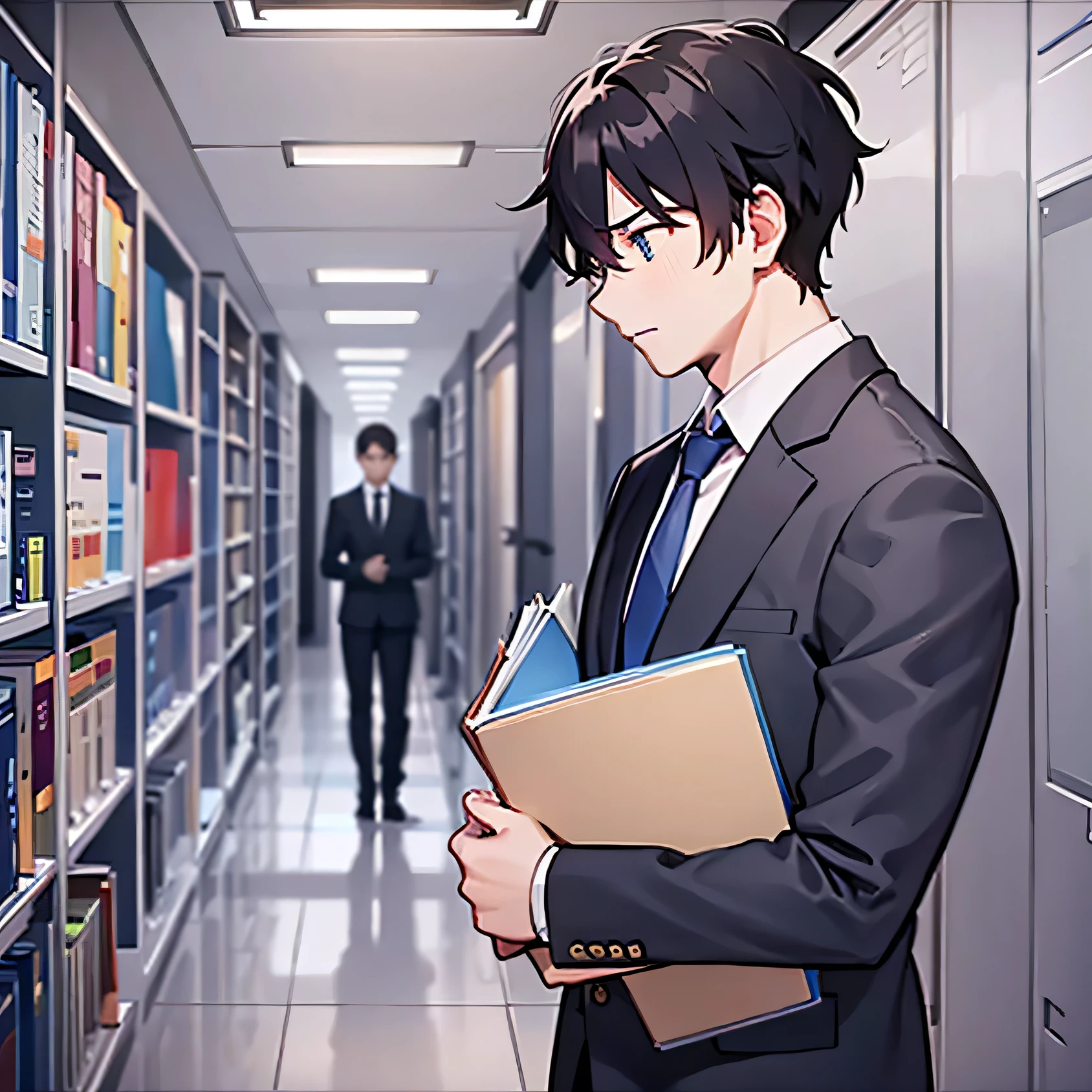 side、profile、masterpiece、highest quality、(A 29-year-old man:1.5) and (Black short hair) and (blue eyes), (Wearing a suit:1.5) and (White collared shirt) and (Blue tie)and（Sweating）and（Tired expression）、The background is an office corridor.、（A large number of books）and（I have a lot on my hands）and（Are standing）