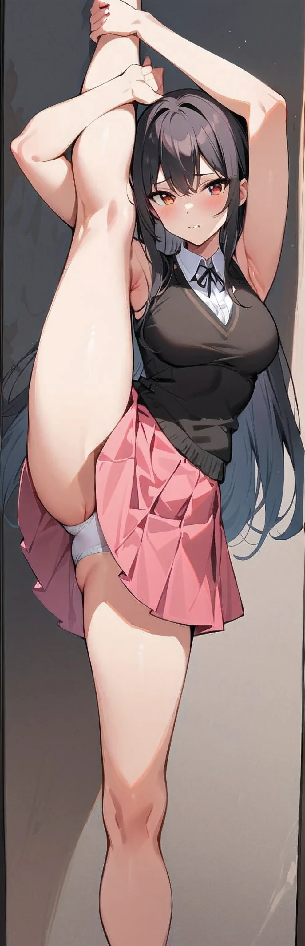 (masterpiece, highest quality:1.2), 1 girl, alone,Are standing_Split,
, long hair,black sleeveless short vest,pink skirt,black