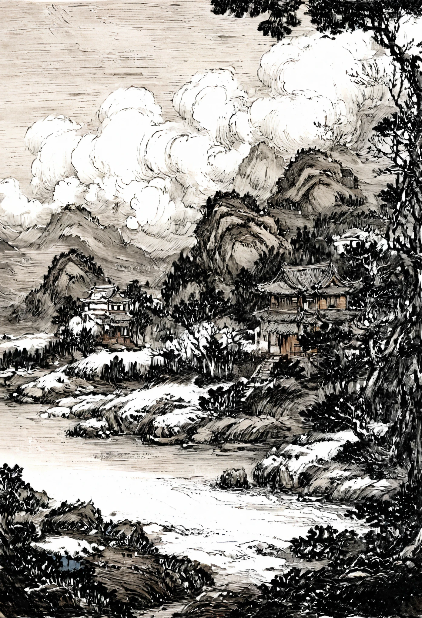 line art,line style,cloud,outdoors,lake,mountain,snow,chinese buildings,