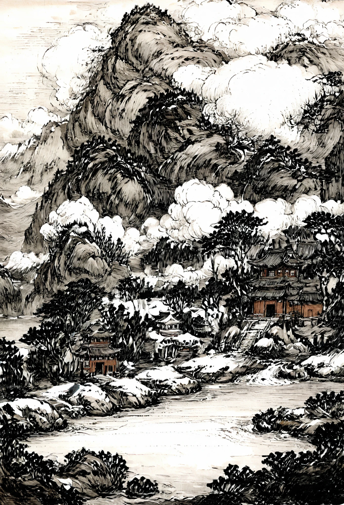 line art,line style,cloud,outdoors,lake,mountain,snow,chinese buildings,