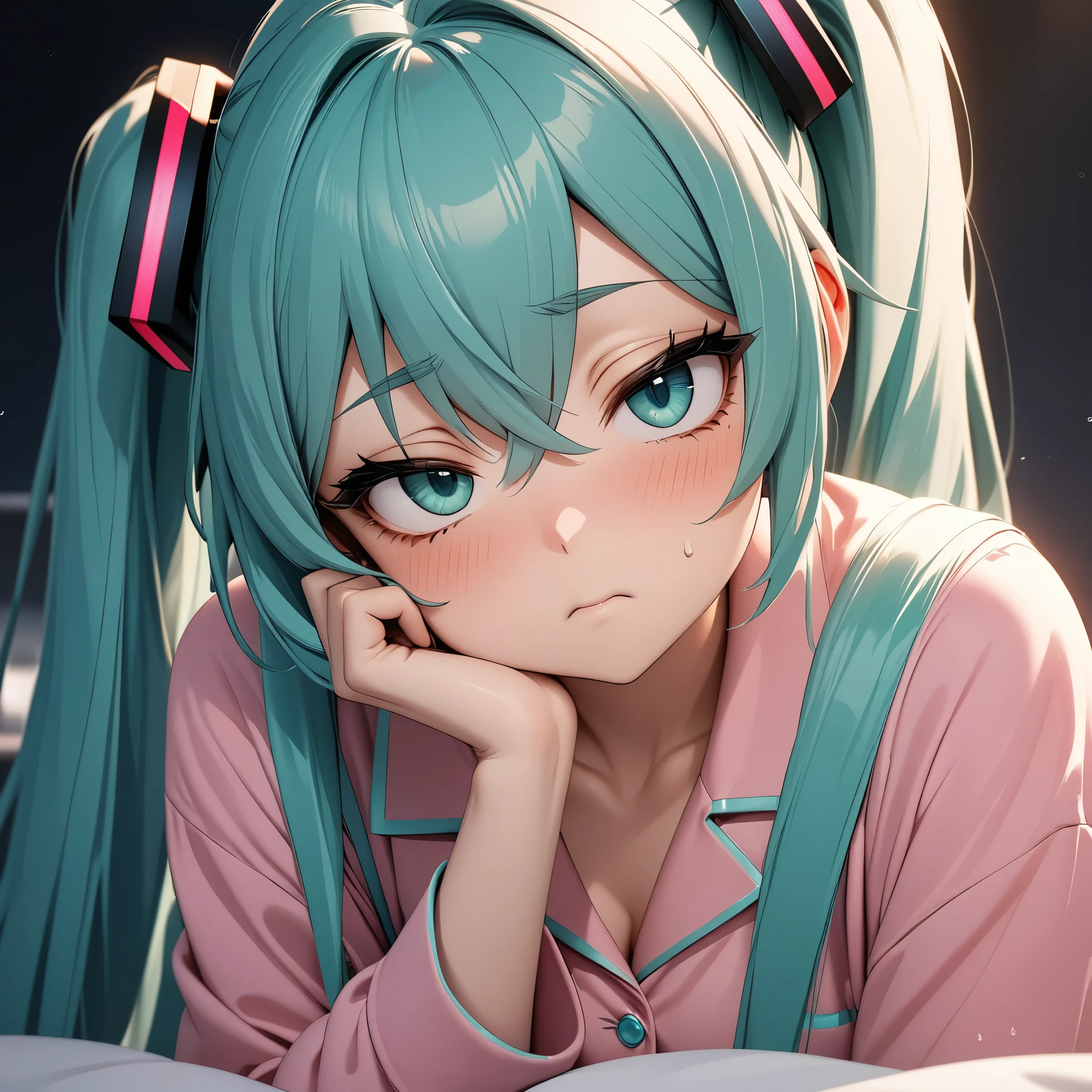 (masterpiece), (highest quality), Very detailed, High resolution, One girl, Sleepy face、Focus Only, Skin dents,In pajamas， Perfect Face, Swollen face, Beautiful Face, Big eyes, Puffy eyes, Perfect Eyes, eyelash，Hatsune Miku，Very detailed顔，The background is bet