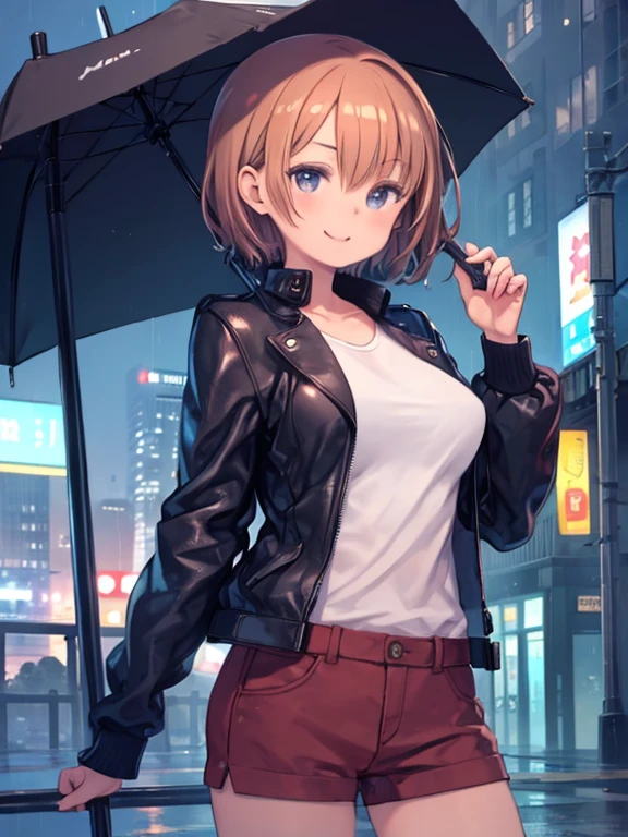 (masterpiece, highest quality:1.4), Noriko Fukuda, Large Breasts, short hair, shirt, smile,leather jacket,Short shorts,Rainy night in the city,