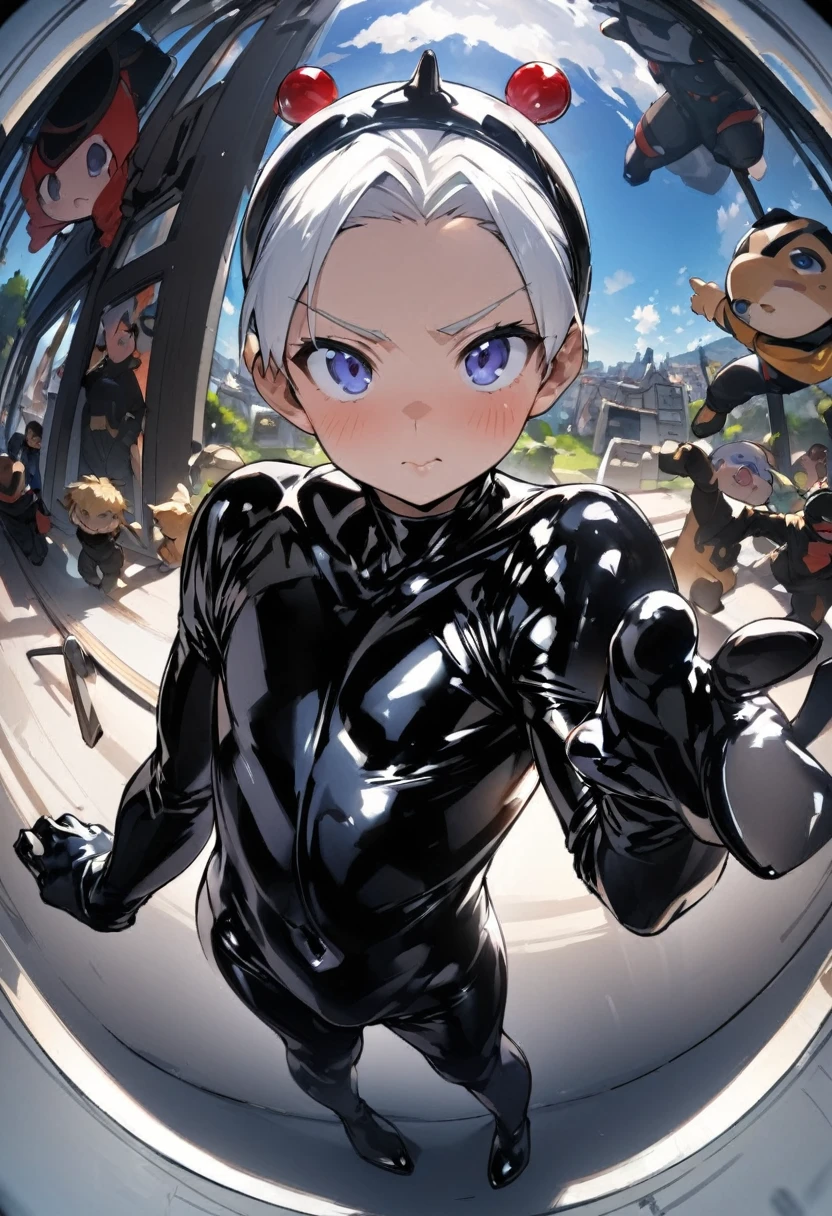 (masterpiece、highest quality、bust shot:1.1、Fisheye)、Muscle juvenile in a full body tight latex hero suit、(((1juvenile、solo、)))、((luster、Full body black rubber suit、black rubber gloves、black rubber bootale children、young boy、's face、cool、Early childhood、when I was young、teenager facung face、short round face、flat jaw、Three white eyes、 delicate big red and black eyes、detailed face)、smooth white skin、blush、anger、Looks embarrassed、color bleach、short golden orange hair、((low length))、detailed body、Muscular full body Esbian、Three-dimensional muscles、Detailed muscles、abs、six pack、trapezius muscle、Triangular ribs、biceps muscles、forearm muscles 、thick pectoral muscles、Latissimus dorsi、Thigh hamstrings、giant gluteus maximus、big ball、perfect anatomy、base、rim light、sunshine、