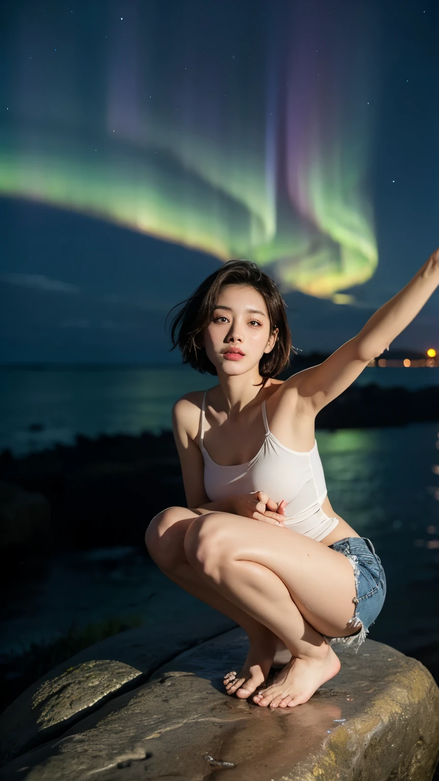 ((best quality)), ((masterpiece)), (detailed), perfect face, korean, japanese girls short hair cut style, aoa, (G)i-dle, detailed eyes, asian squet crouching girl, armpit, raise arm, beautiful bare feet, beautiful leg, glowing skin, wet skin, white and beige cream short clothes, short jeans, girls on a cliff, seaside, night sky, dawn, northern lights, large moon, moonlight falls