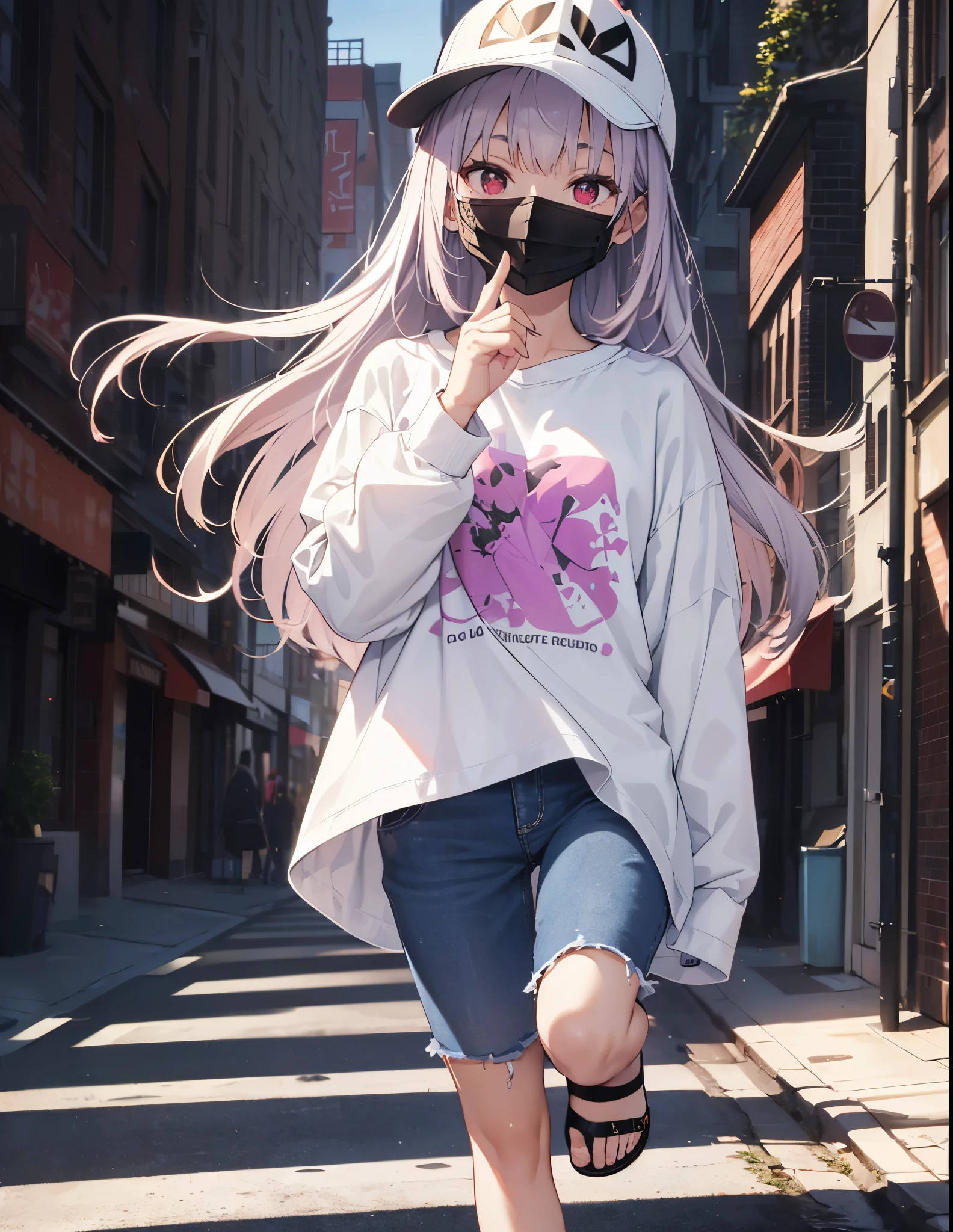 Realistic,highest quality, Super detailed, High-quality CG rendering, The most delicate and beautiful, Floating softly, High resolution, (1 girl), (highest quality,4K,8k,masterpiece:1.2), Light purple hair,Long Hair,Red eyes,(white oversized long sleeve t-shirt:1.3),White skinny jeans,(White cap:1.3),In the city,old buildings,(Black Mask:1.4),(whole body:1.3),(Sandals:1.2)