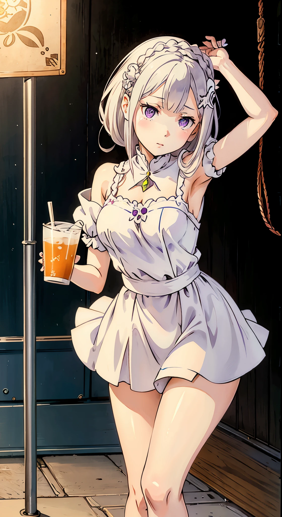Emilia re:zero, purple eyes, Emilia, crown braid, x hair ornament, flower hair ornament, white hair, long hair, medium breasts, Holding a cup of milk tea in her hand