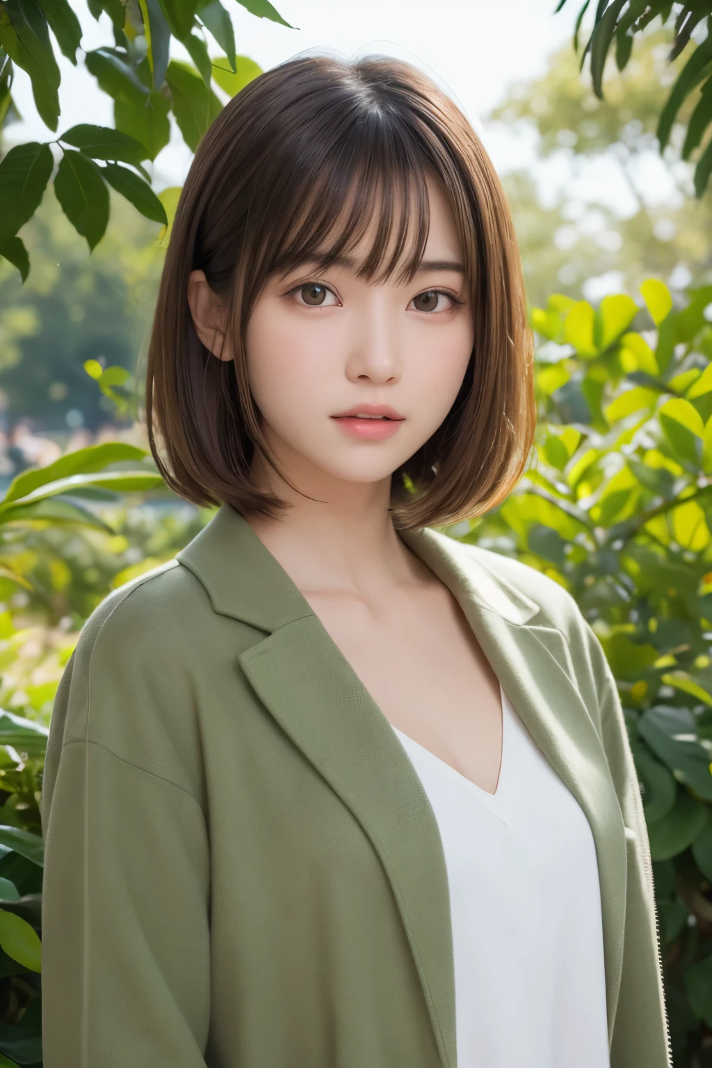 one girl, (a beauty girl, delicate girl:1.3), (:1.3),
break, (Long coat:1.3),
break, Very fine grain definition, (Symmetrical eyes:1.3),
break, (Lush green park:1.3), 
break, Small breasts, Brown eyes, Parted bangs, Brown Hair,  girl,
break, (Eyes and facial details:1.0),
break, (masterpiece, highest quality, Super detailed, Detailed face, 8k)