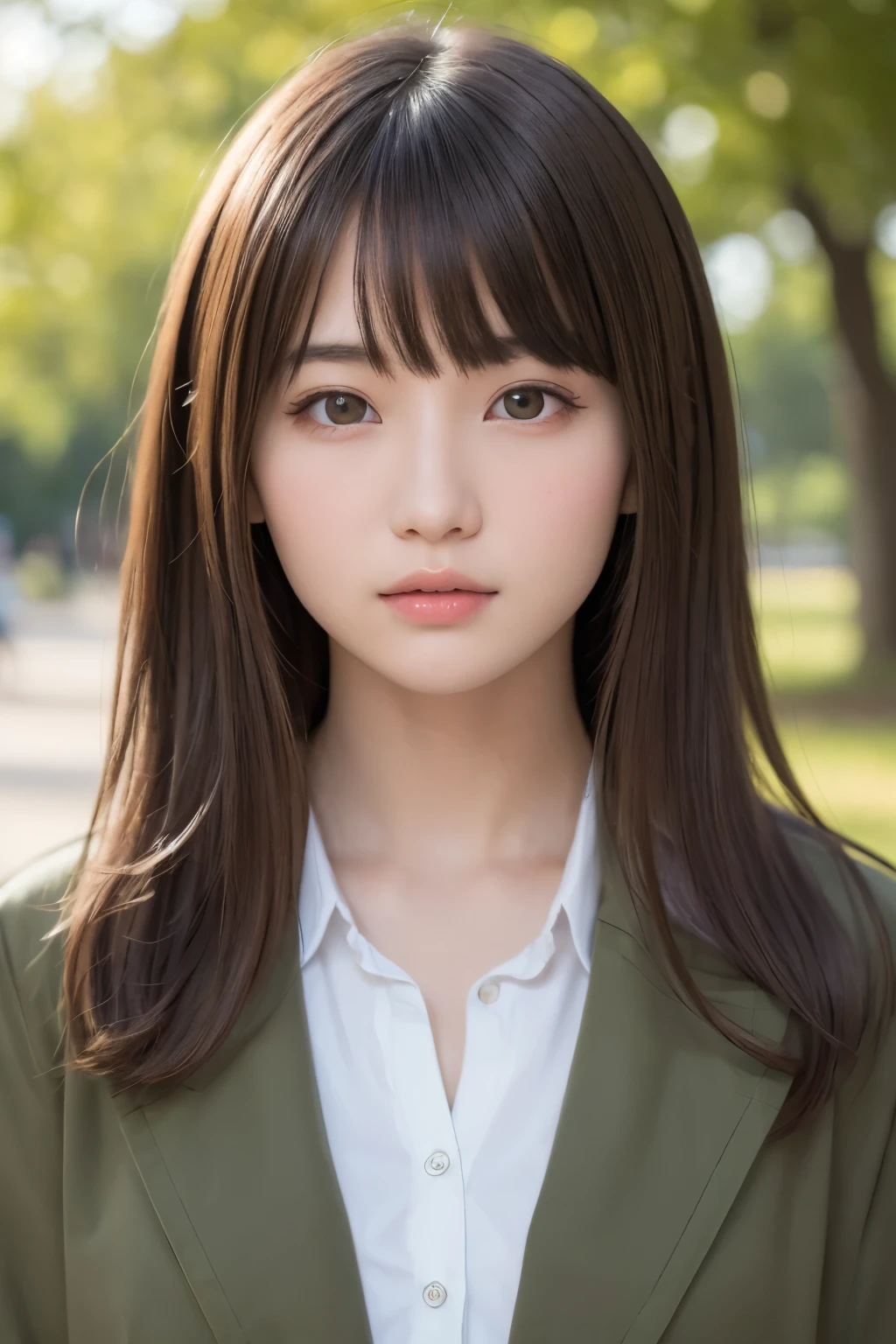one girl, (a beauty girl, delicate girl:1.3), (14 years old:1.3),
break, (Long coat:1.3),
break, Very fine grain definition, (Symmetrical eyes:1.3),
break, (Lush green park:1.3),
break, Small breasts, Brown eyes, Parted bangs, Brown Hair, girl,
break, (Eyes and facial details:1.0),
break, (masterpiece, highest quality, Super detailed, Detailed face, 8k)