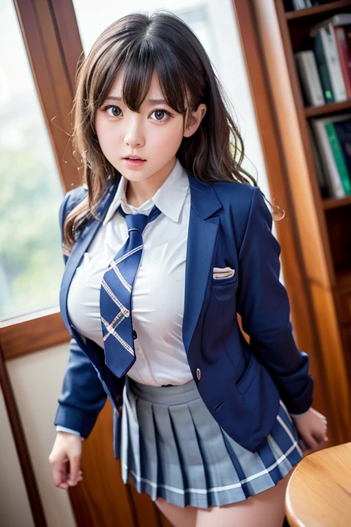 8K, highest quality, real image, intricate details, super detailed, Super high resolution, depth field,(realistic,realistic:1.2),table top , Frontal shot , From the middle , 1 girl, Eye_Chan, very beautiful 17 year old girl, innocent big eyes,、beautiful breasts:1.5、highly detailed eyes:1.2)、(beautiful breasts:1.1)、wavy hair、curly hair、bangs、, perfect skin, Fair skin, huge breasts, She is fondling her own breasts through her clothes.、Bad mood、angry face、cleavage, tight waist, light blush, alone, Staring at the viewer,  ((School_uniform),(dark blue blazer), (white shirt、Wearing a tie), (gray pleated skirt), (sculpture installation :1.1)