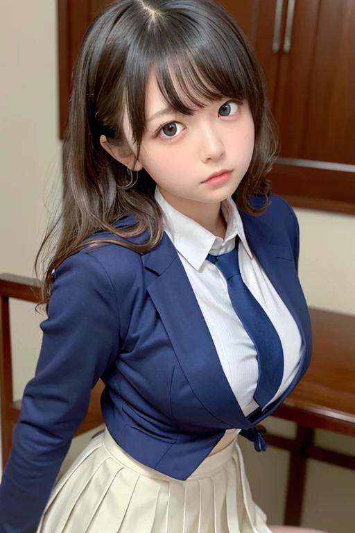 8K, highest quality, real image, intricate details, super detailed, Super high resolution, depth field,(realistic,realistic:1.2),table top , Frontal shot , From the middle , 1 girl, Eye_Chan, very beautiful  girl, innocent big eyes,、beautiful breasts:1.5、highly detailed eyes:1.2)、(beautiful breasts:1.1)、wavy hair、curly hair、bangs、, perfect skin, Fair skin, huge breasts, She is fondling her own breasts through her clothes.、Bad mood、angry face、cleavage, tight waist, light blush, alone, Staring at the viewer,  ((School_uniform),(dark blue blazer), (white shirt、Wearing a tie), (gray pleated skirt), (sculpture installation :1.1)