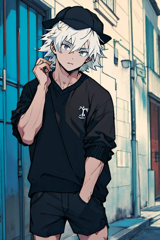 Hombre, cabello blanco , gorra negra, ojos azules, piel blanca, camisa blanca, shorts negros, black sweater