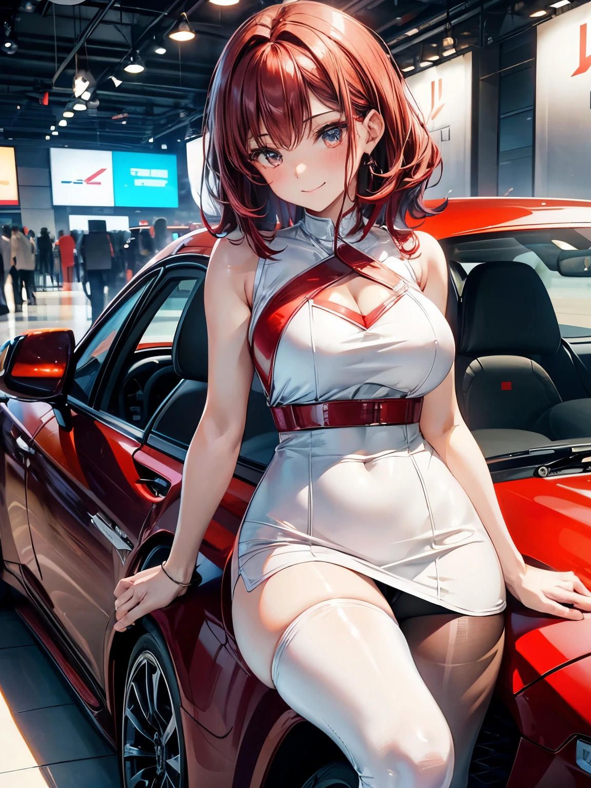 highest quality、Nice sexy body、One Woman、solo、(Beautiful busty woman:1.5)、Medium hair woman、((Woman with dark red hair))、Race Queen、Campaign girl、A woman wearing a white and red patent leather short top、A woman wearing a top with a logo、A woman wearing a white patent leather miniskirt、A woman wearing brown pantyhose、Standing woman、event venue、motor Show、smile、Sexy pose