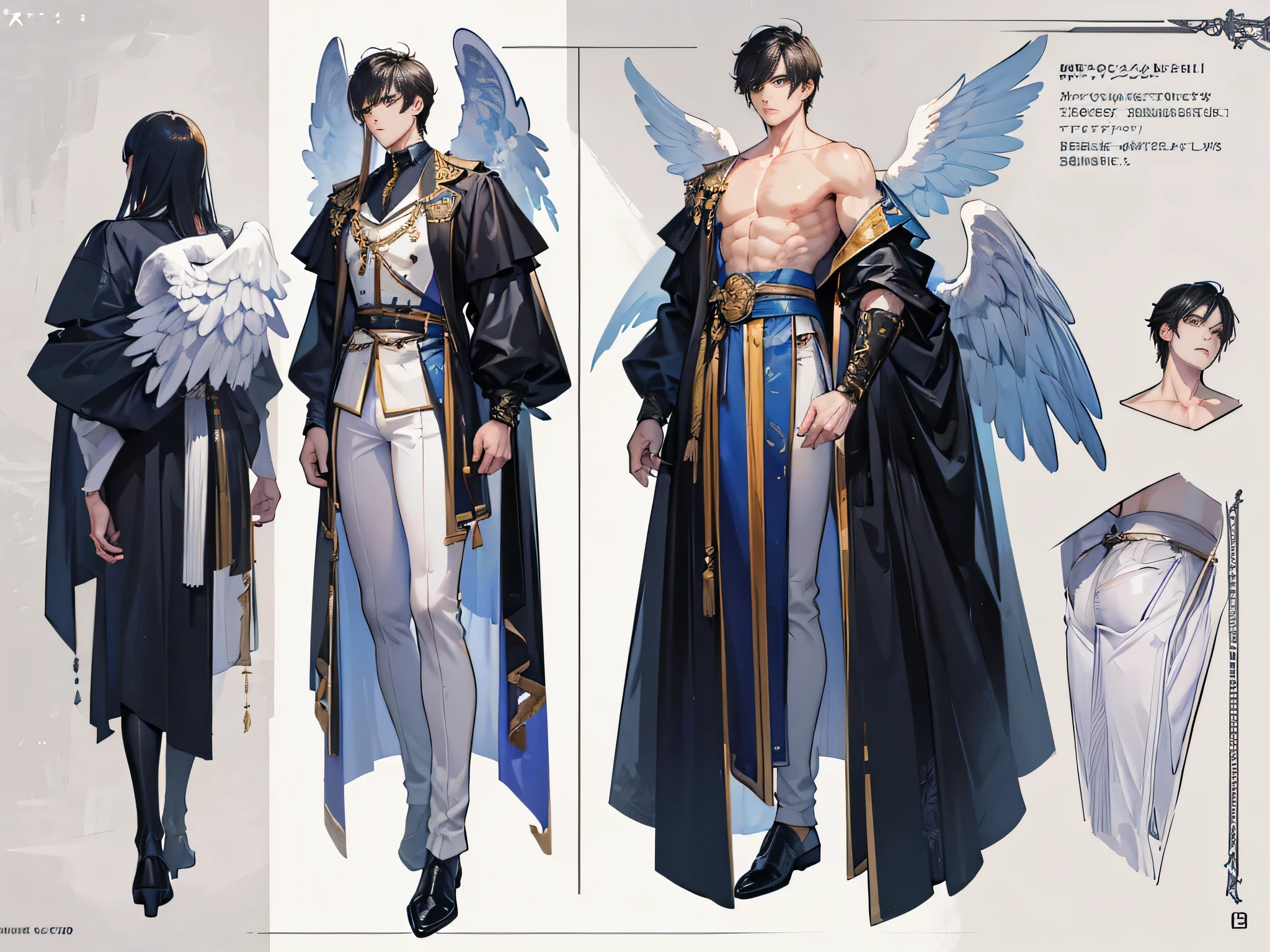 ((Masterpiece, Highest quality)), Male, boy, Detailed face, character design sheet， full bodyesbian, Full of details, frontal body view, back body view, Highly detailed, Depth, Many parts, angel wings, angel outfit, Muscle boy with black hair bangs，handsome man, male angel , man tall, 