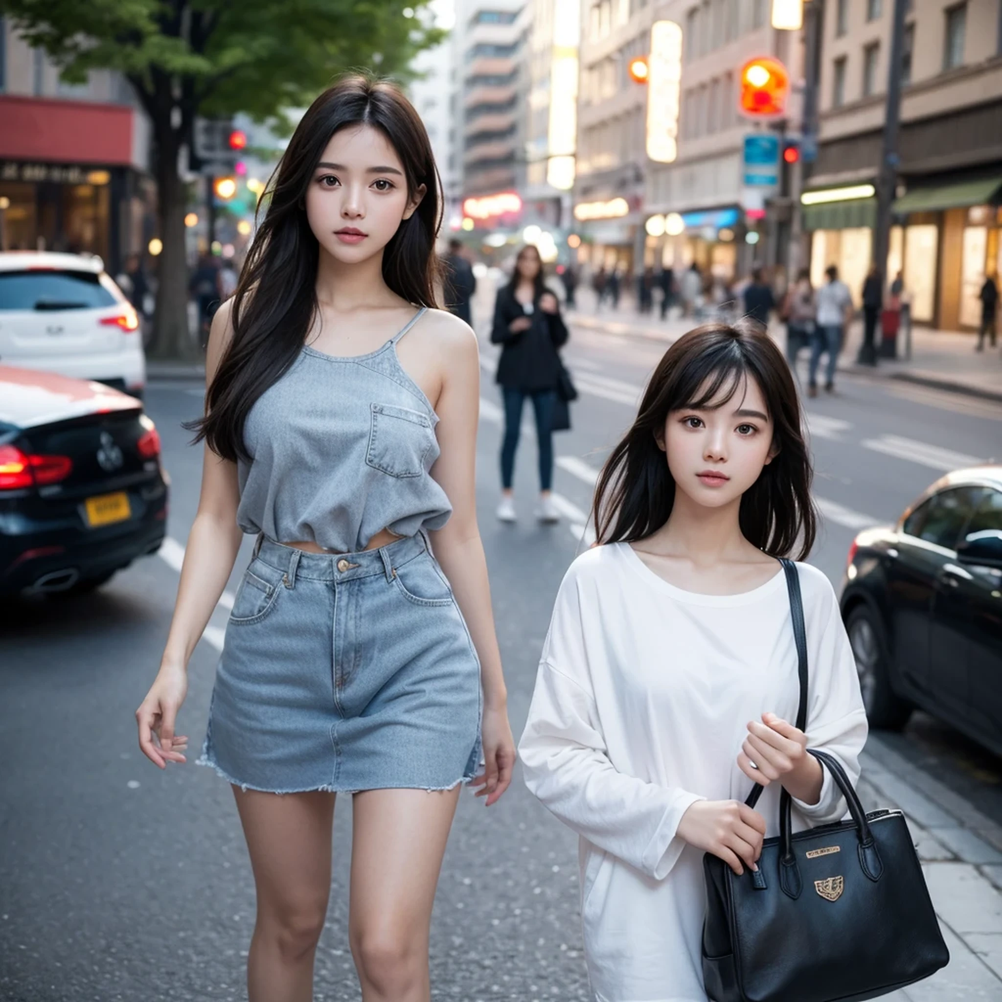 A young woman standing on the street, blur background, beatiful, photorealistic